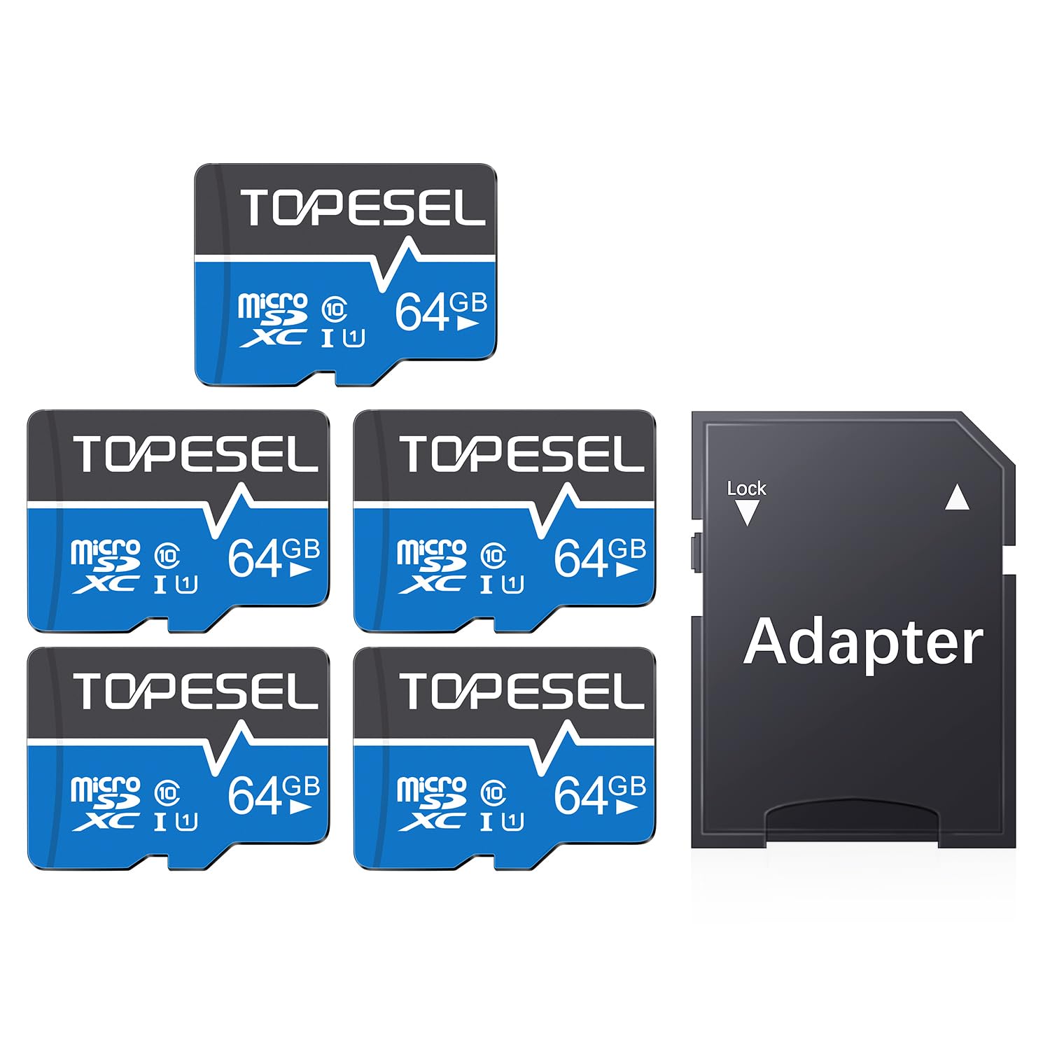 Topesel 5 Pack 64Gb Micro Sd Card Class 10 Micro Sdxc Memory Card Uhs I, High Speed Flash Tf Card For Security Camera/Smartphone/Drone/Dash Cam/Tablet/Pc, C10, U1, 64Gb 5Pack