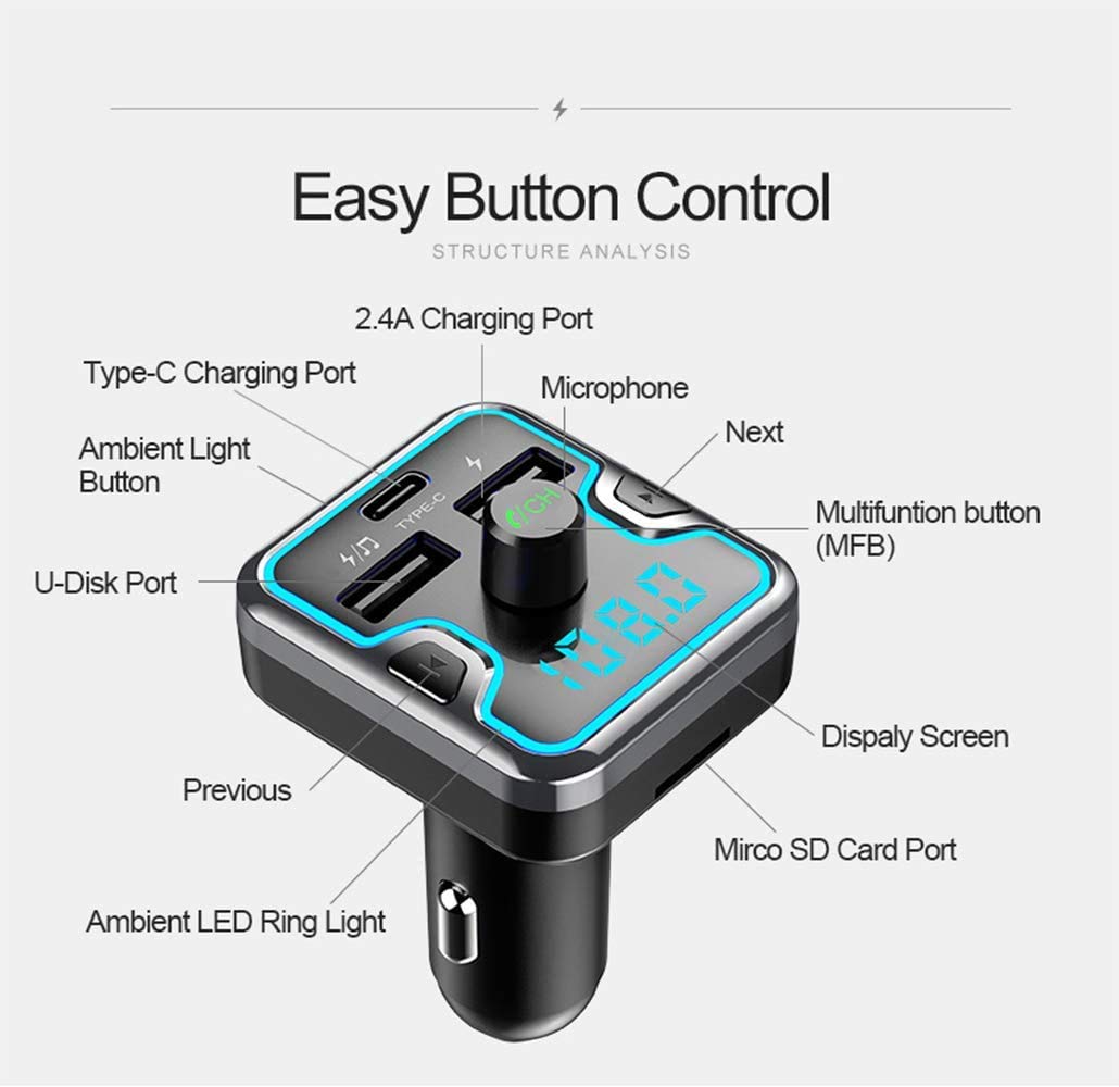 Car And Driver Bluetooth 5.0 Fm Transmitter For Car, Dual Usb And Type C Pd 18W Car Charger Wireless Car Adapter Receiver Siri Google Alexa Assistant