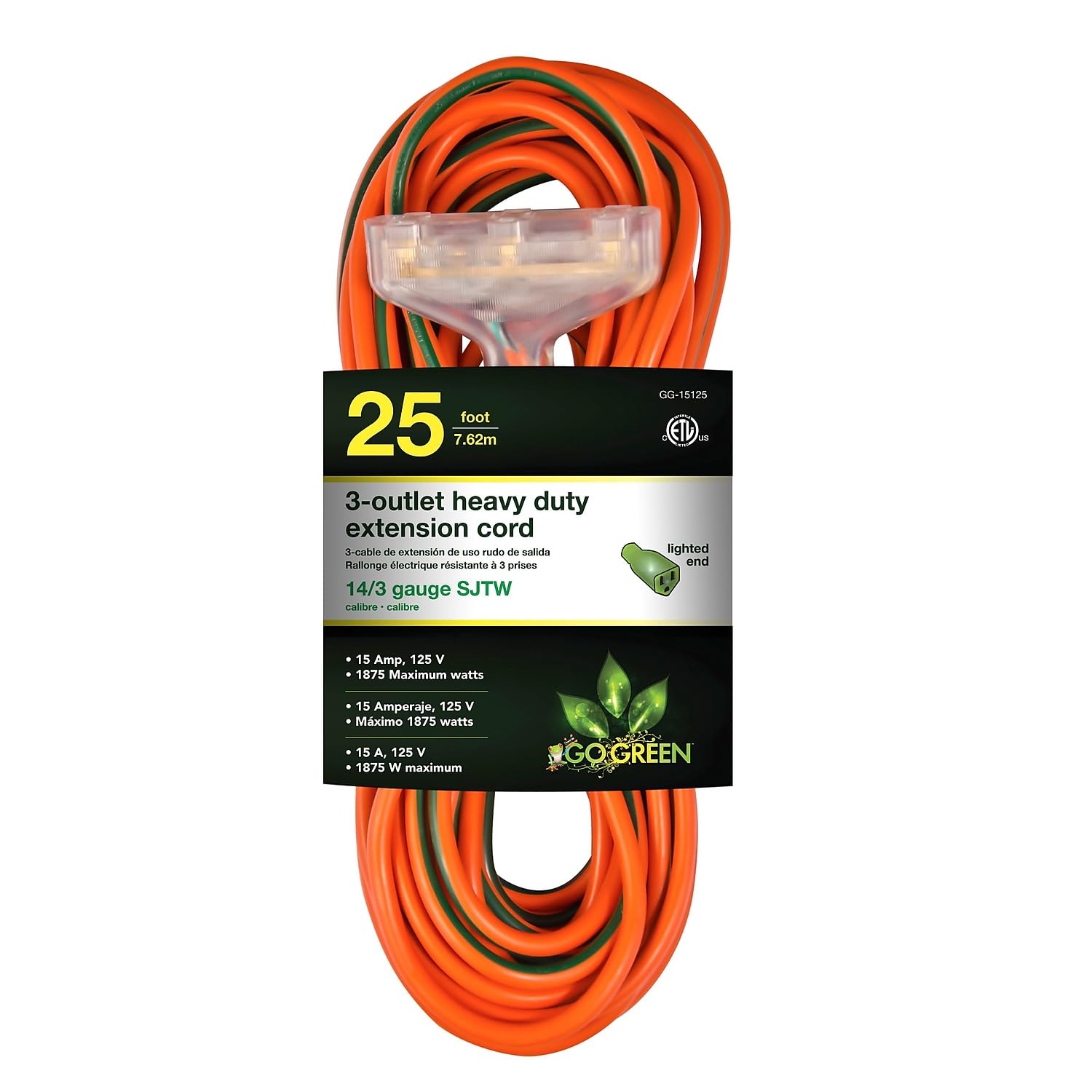 Gogreen Power (Gg 15125) 14/3 25 3 Outlet Sjtw Outdoor Extension Cord, Lighted Extension Cord, 25 Ft, Orange