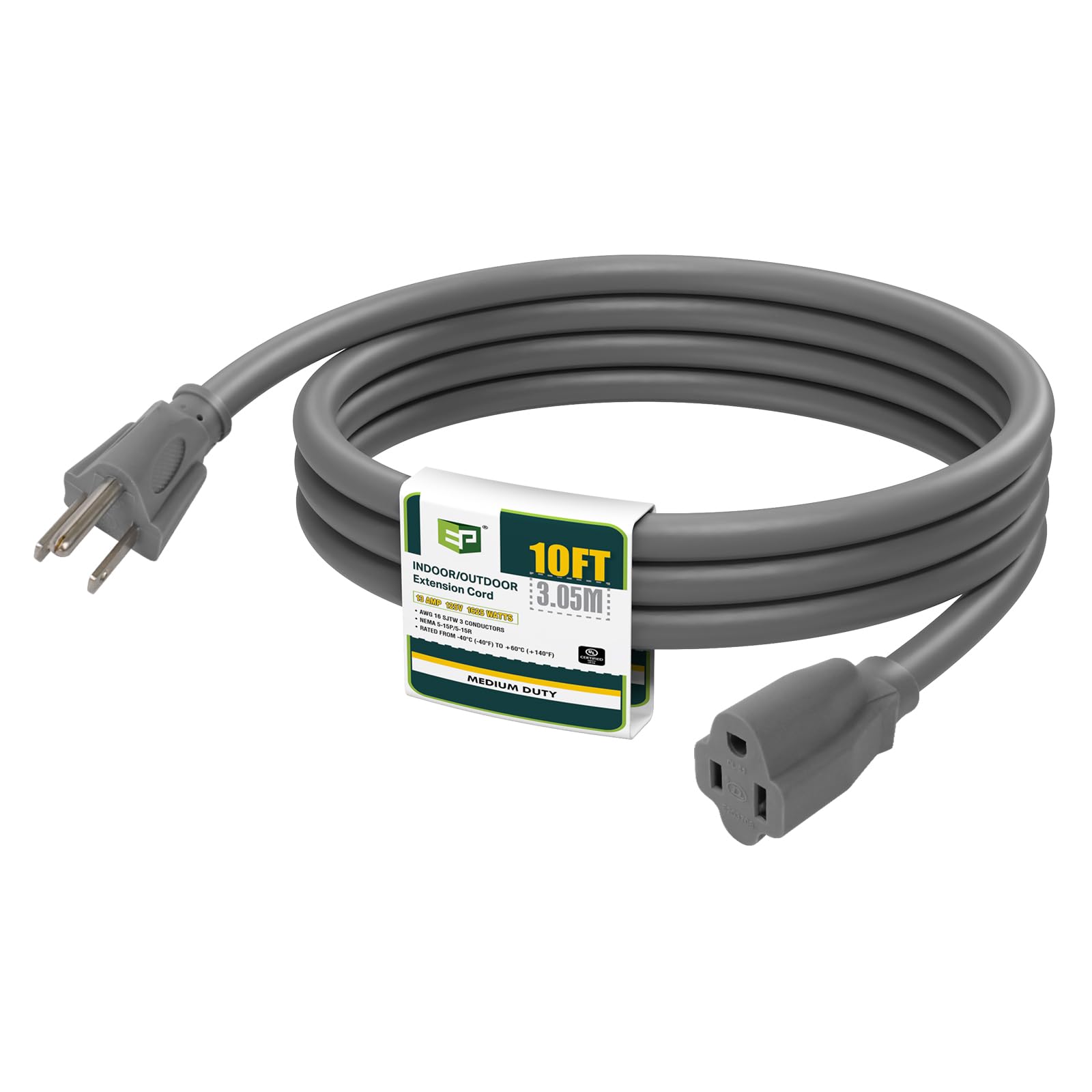 Ep 10 Ft Outdoor Extension Cord   16/3 Sjtw Gray Electrical Cable With 3 Prong Grounded Plug, Ul Listed