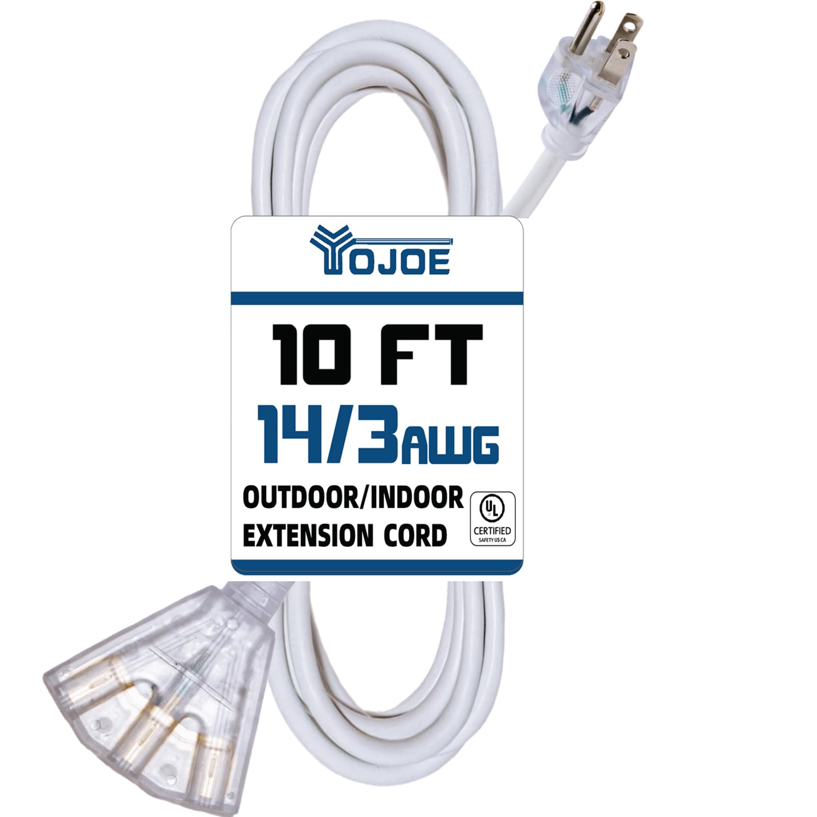 Yojoe 3 Outlets Indoor Outdoor Extension Cord With Lighted End, 3 Prong 15A Weatherproof Power Cord, 14 Gauge Heavy Duty 10 Ft W