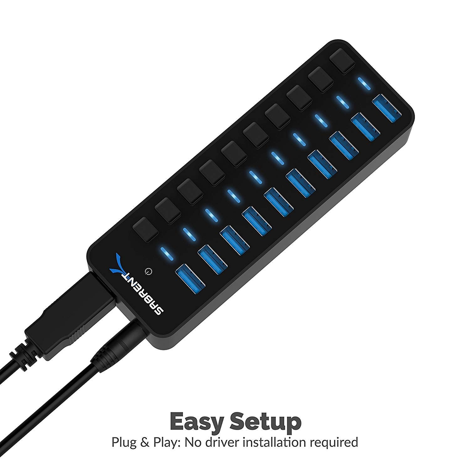 Sabrent 10-Port 60W Usb 3.0 Hub With Individual Power Switches And Leds, Includes 60W 12V/5A Power Adapter (Hb-Bu10)
