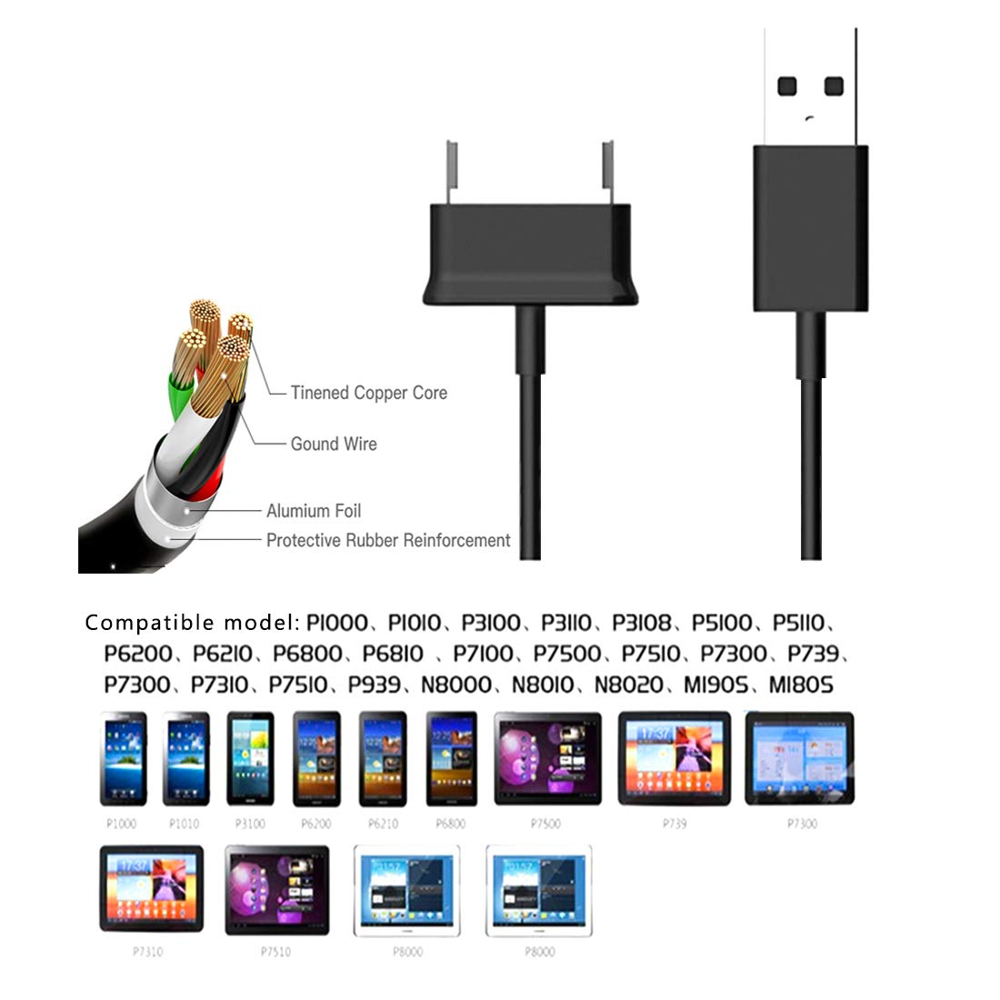 Charging Sync Data Charger Cable Cord 30 Pin Compatible For Samsung Galaxy Tab 2 10.1 8.9 7.7 7.0 Plus Inch Tablet (Black)