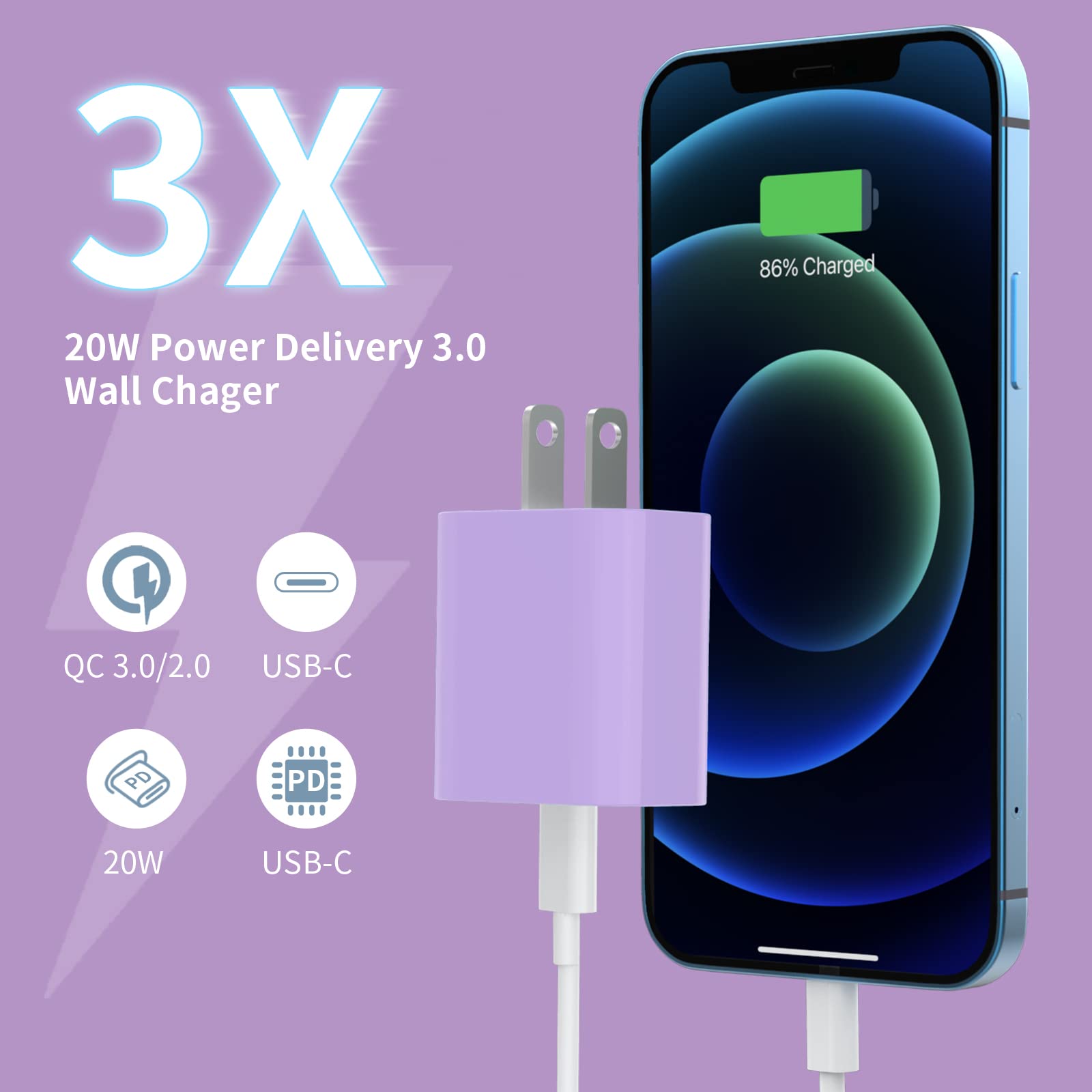 Igenjun 20W Usb C Charger, Mfi Certified Iphone 15 14 13 12 Fast Charger, Compact Pd 3.0 Wall Charger Block, Lilac, 4 Pack