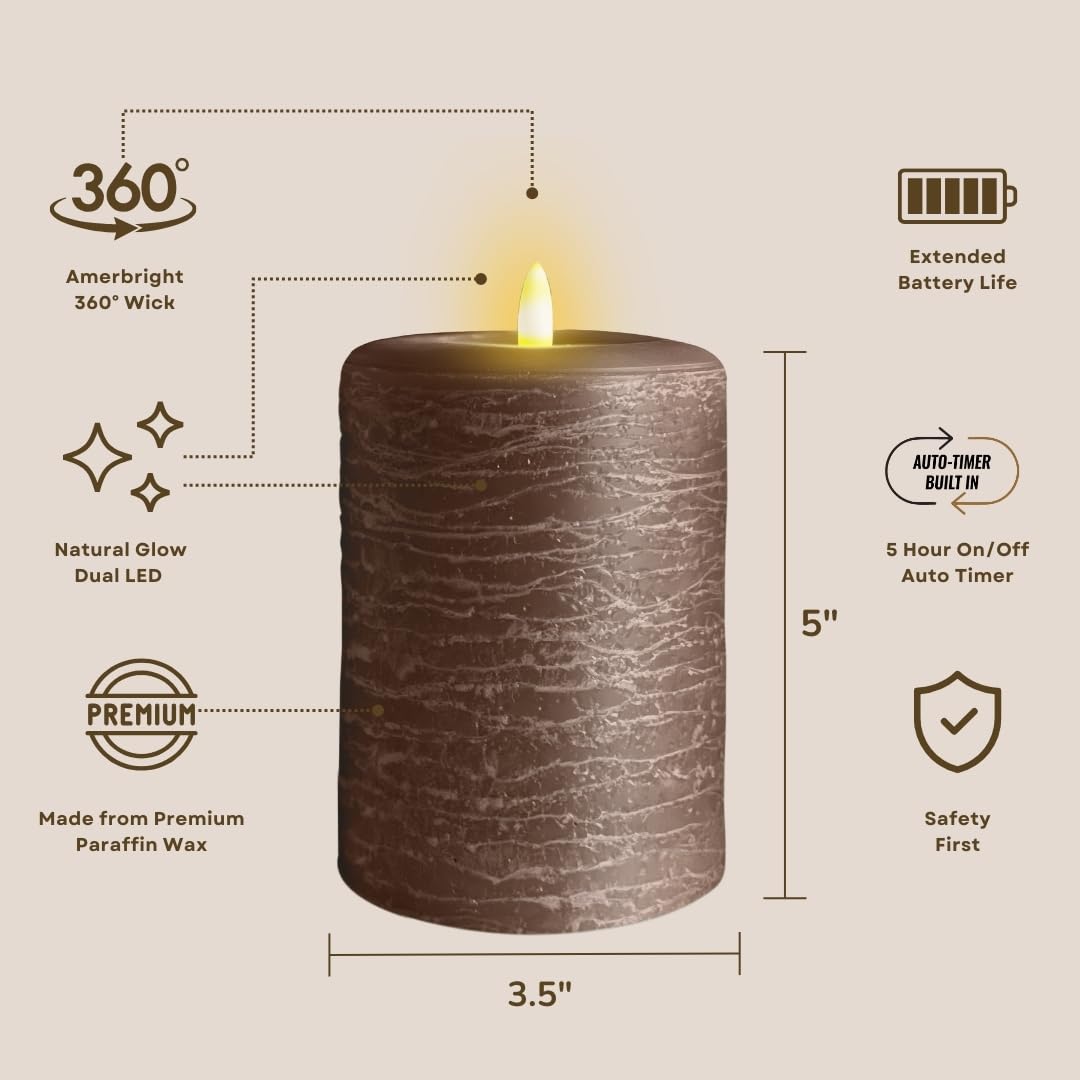 Lumipur Signature Natural Glow Flickering Flameless Led Wax Pillar Candle (3.5'' X 5'', Cocoa Brown)
