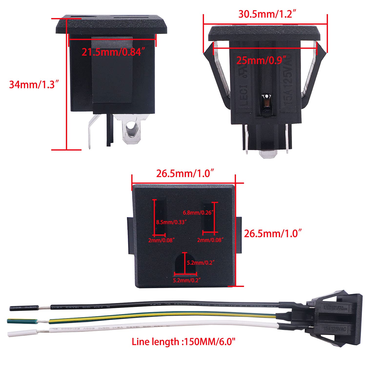 Weideer 3Pcs 3 Pins Us Power Socket Plug Panel 15A 125V Ac Panel Mount Outlet Industrial Plug Female Connectors Adapter With 18A