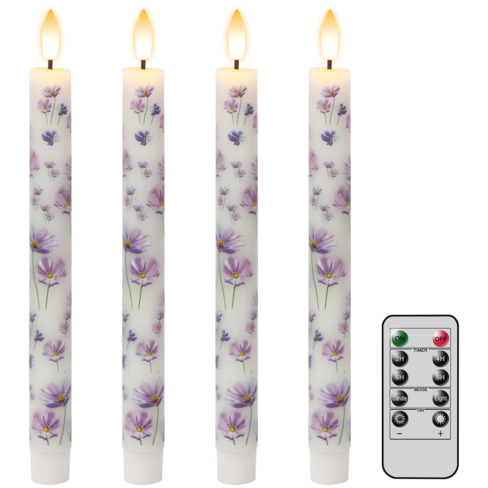 Lasumora Purple Flowers Flameless Taper Candles with Remote Timer, LED Taper Candles Battery Operated Warm 3D Wick Flickering, R