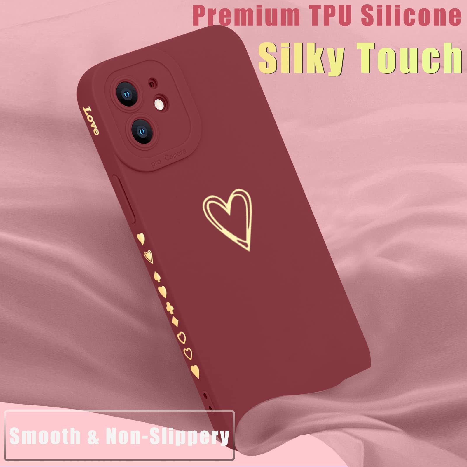 Teageo iPhone 12 Case 6.1 inch Love Heart Full Camera Lens Protection Shockproof Silicone Burgundy