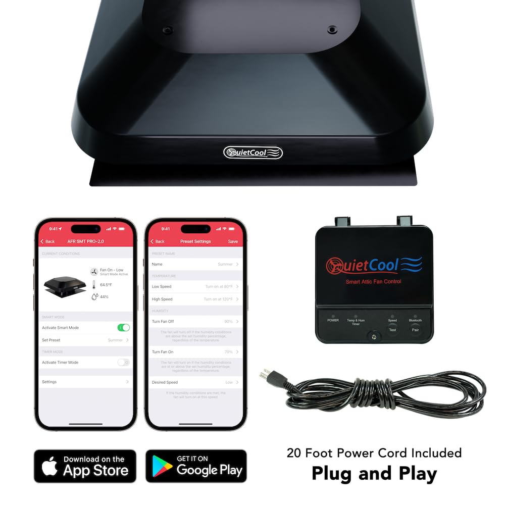 Quietcool Afr Smt Pro 2.0 Roof Mount Smart Attic Fan   1922 Cfm   Smart App Control   Thermostat And Humidistat   20Ft Power Cor