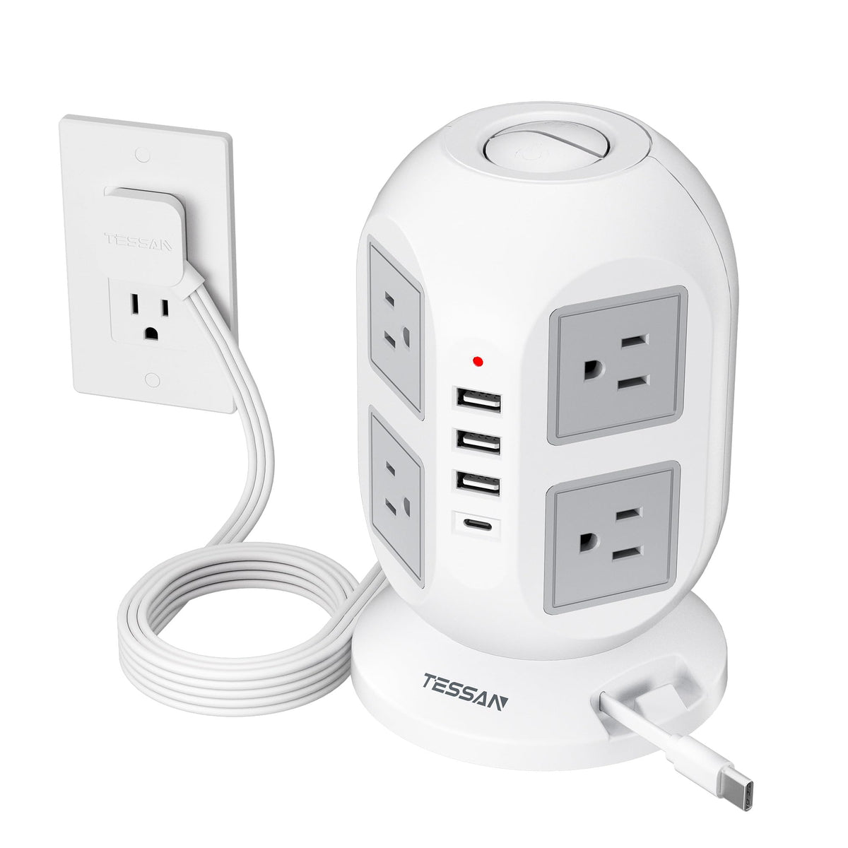 Tower Power Strip Surge Protector 10 Ft, Tessan Flat Plug Extension Cord With Multiple Outlets, 8 Ac Outlets, 4 Usb Ports, 1 Bui