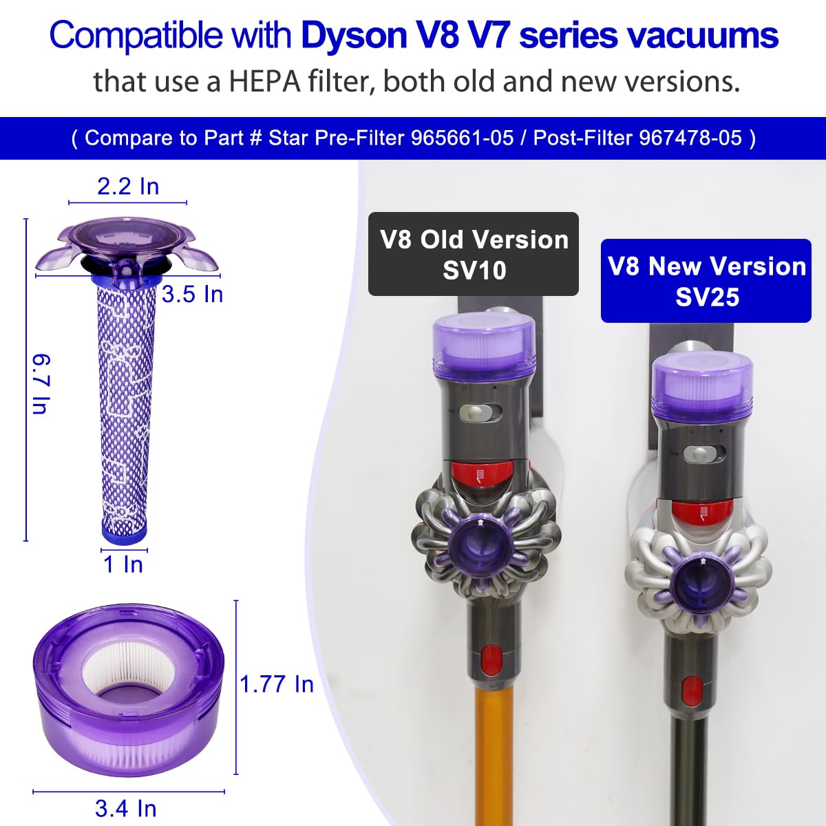 Lemige V7 V8 New Filter Replacement Kit For Dyson V7 V8 Slim Animal Absolute Motorhead Sv10 Sv11 Sv25 Sv37 Cordless Vacuums, 2 S