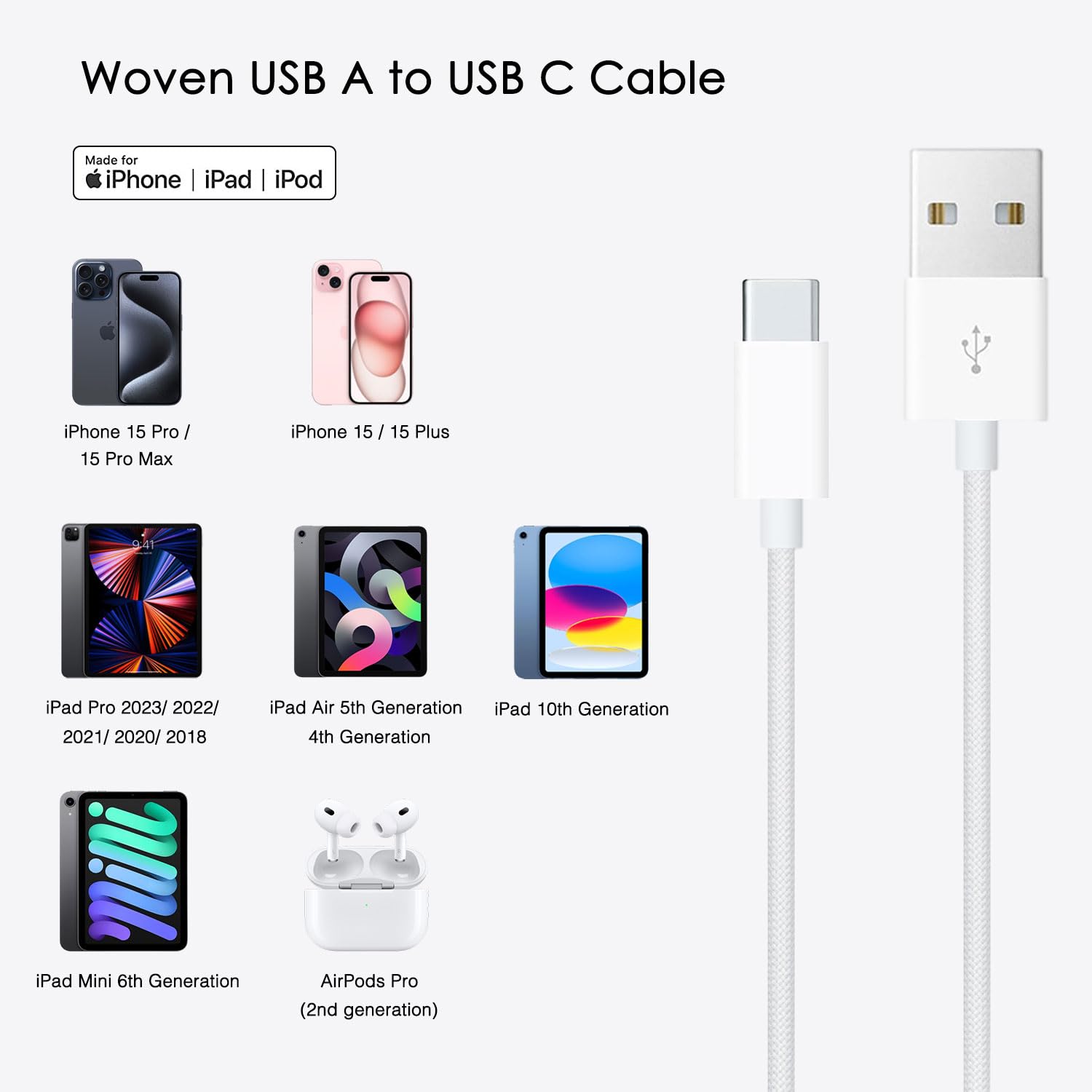 6Ft Usb C To Usb A Woven Carplay Cable For Apple Iphone 15/15 Pro Max/15 Plus, Airpods Pro (2Nd Generation), Ipad 10Th Gen, Ipad