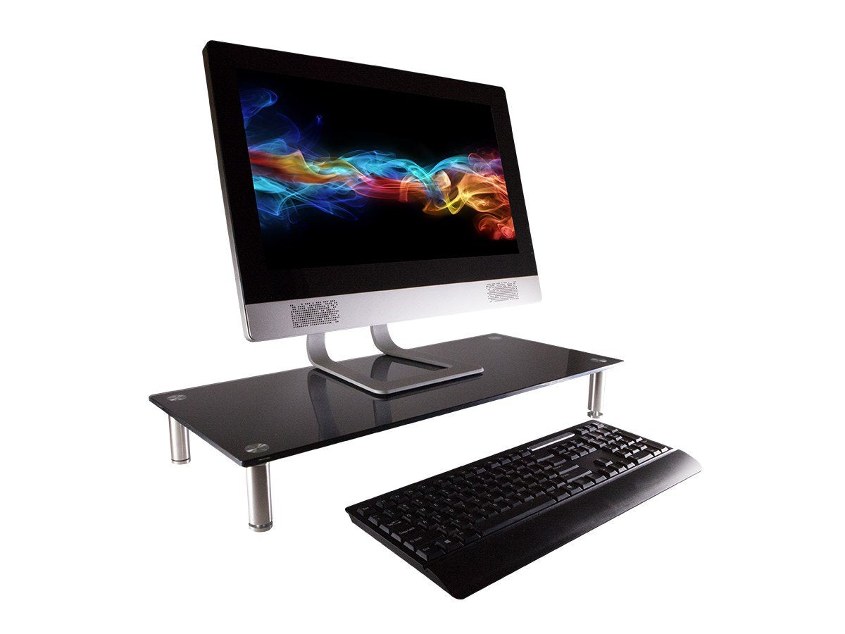 Monoprice Medium Multimedia Desktop Stand, Black Glass (27.6'' X 12.2'' X 3'')   Stand & Riser, Laptop Stand, Desktop Tv Stand,