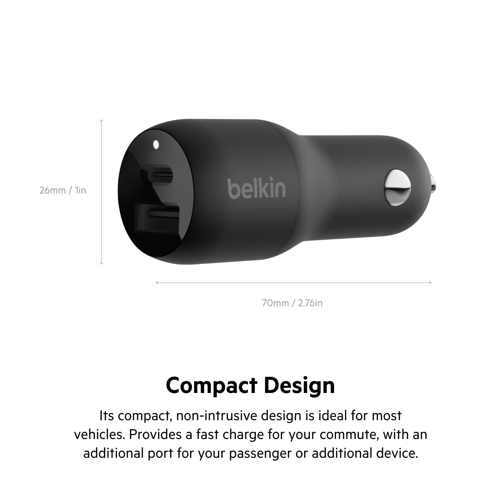 Belkin 37 Watt Dual Usb Car Charger - Power Delivery 25W Usb C Port & 12W Usb A Port For Pps Charging Apple Iphone 14, 14 Pro, 1