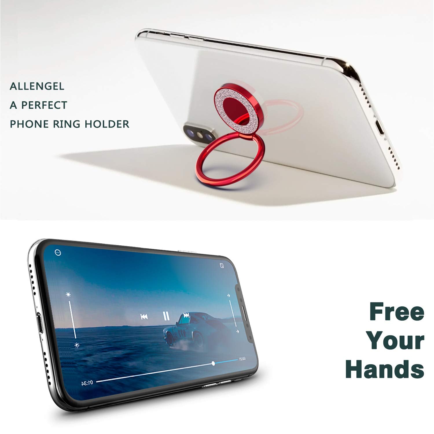 Phone Ring Holder Finger Kickstand, 360 Rotation Phone Ring Grip, Compatible With Smartphone (Red)