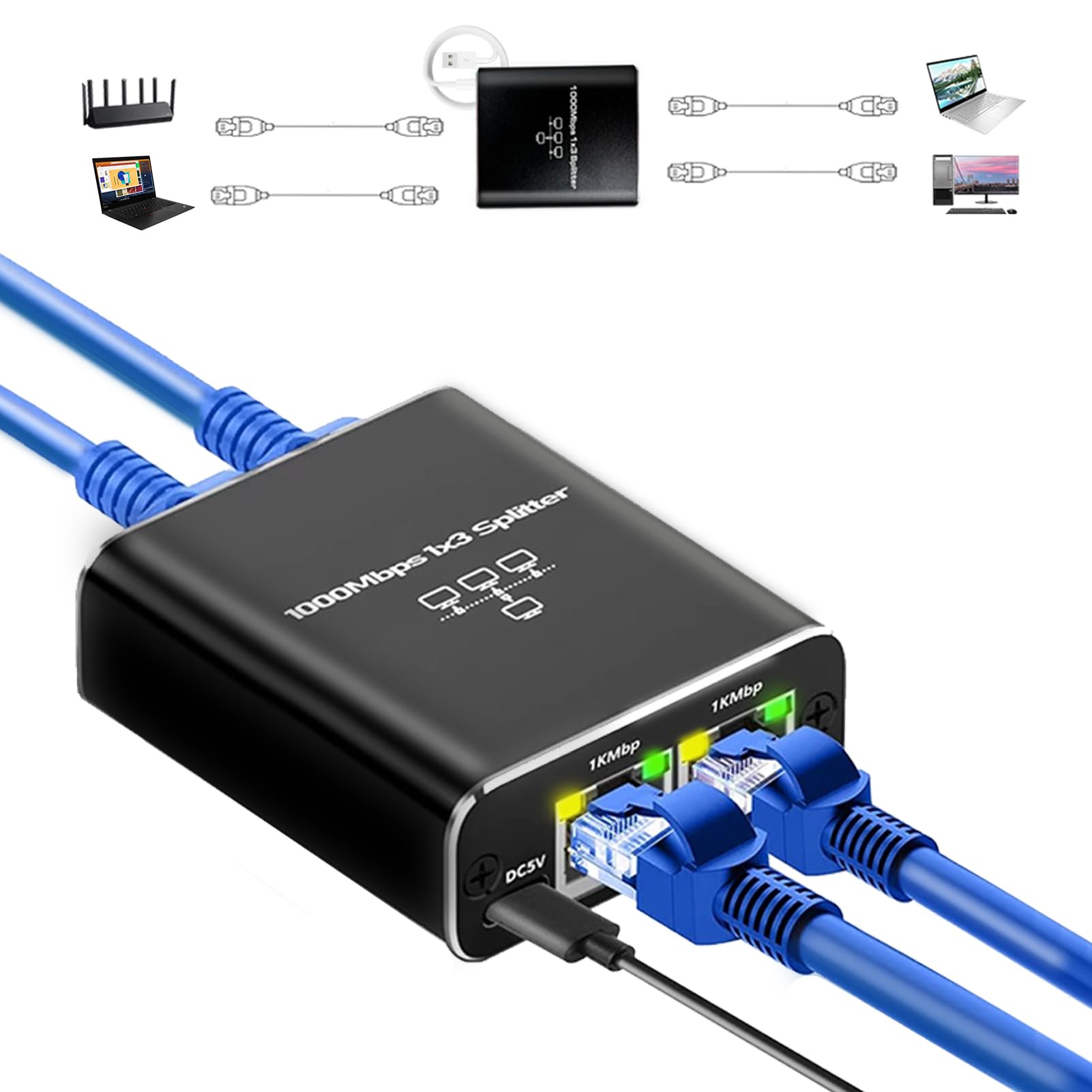 Ethernet Splitter High Speed Gigabit, 1000Mbps Ethernet Splitter 1 To 3(3 Devices Simultaneous Networking), Rj45 Splitter Adapte