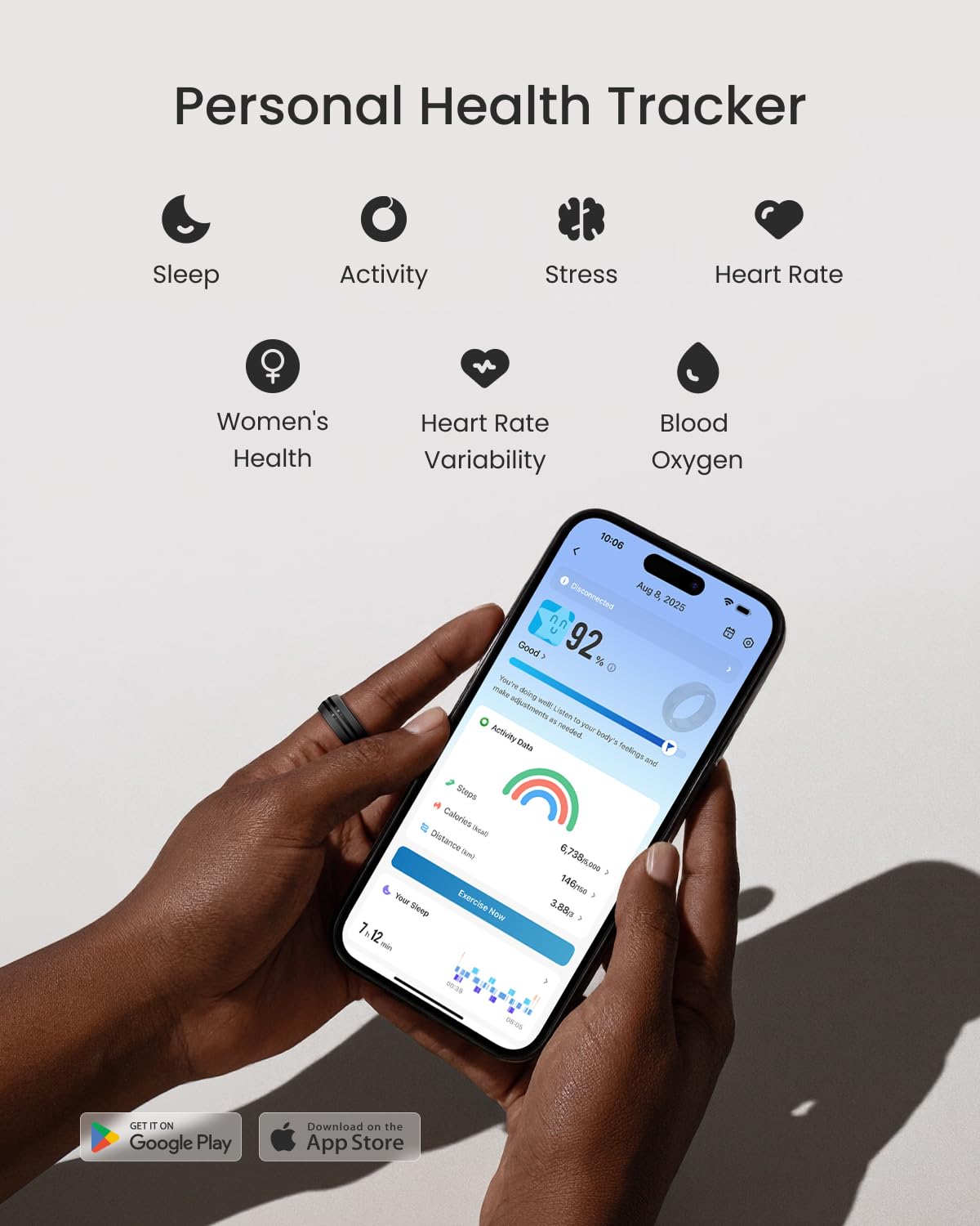 Renpho Lynx Smart Ring, Size First With Sizing Kit, 7-Day Battery Life, Titanium, Waterproof, Subscription-Free App (Black, Size