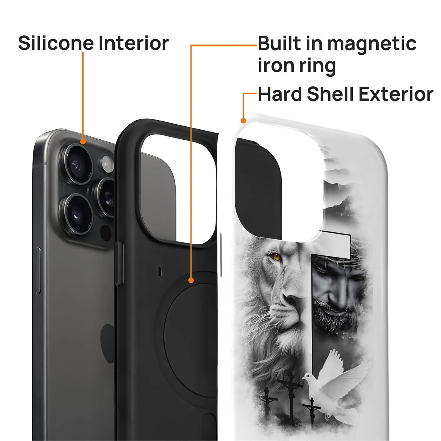 Fkbrcl4U For Iphone 15 Pro Max Case, Hybrid 2-Layer Silicone Protective Glossy Case For Magsafe For Iphone 15 Pro Max Lion Cross