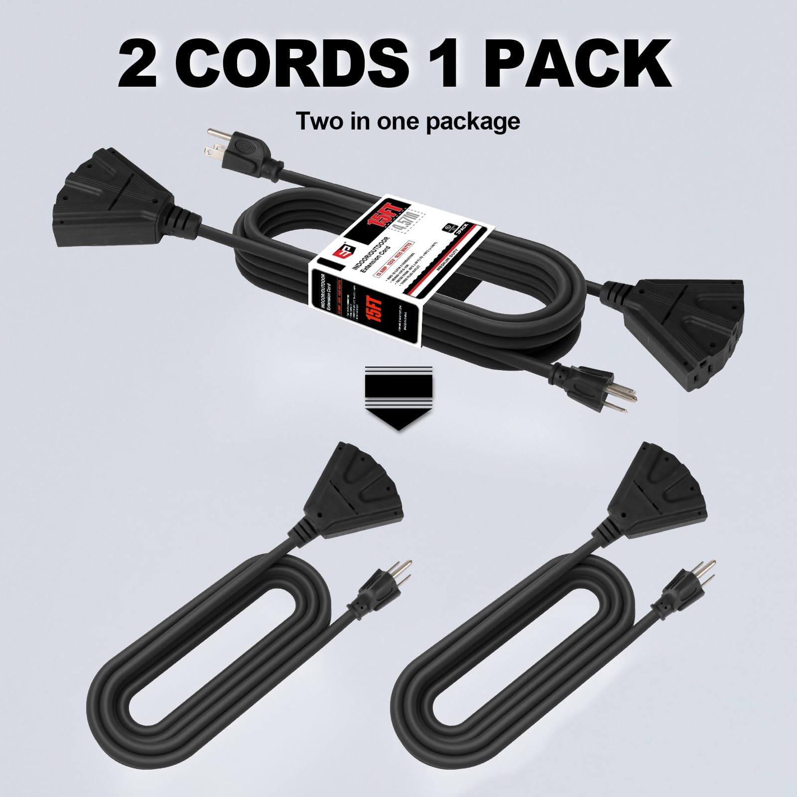 Ep 2 Pack 15 Ft Outdoor Extension Cord With 3 Electrical Power Outlets   16/3 Sjtw Black Cable With 3 Prong Grounded Plug For Sa