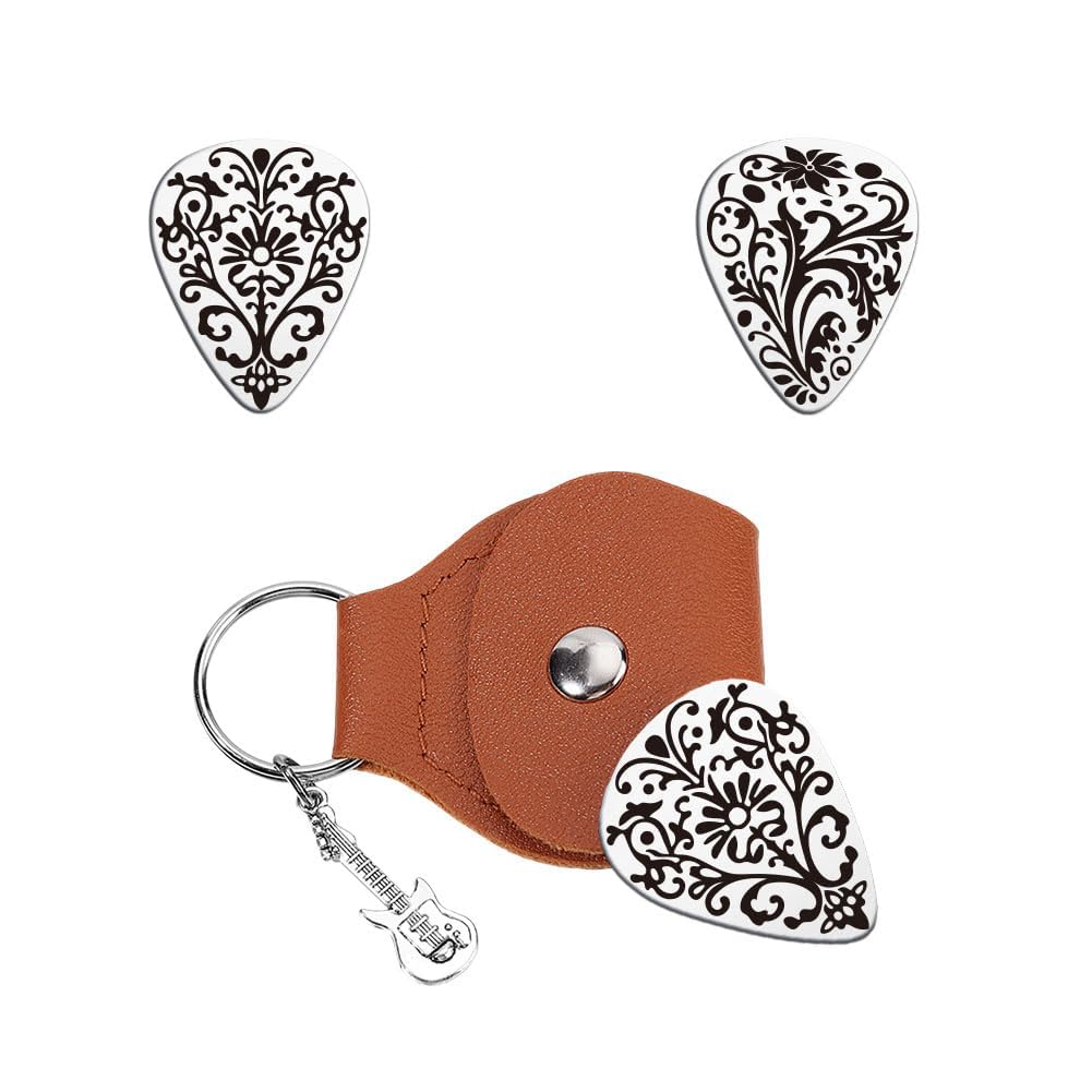 Unicraftale Reusable Guitar Picks Gifts Keychain TwoSide Engraved Stainless Steel Vine Wrap Guitar Pick With Brown Pu Leather C
