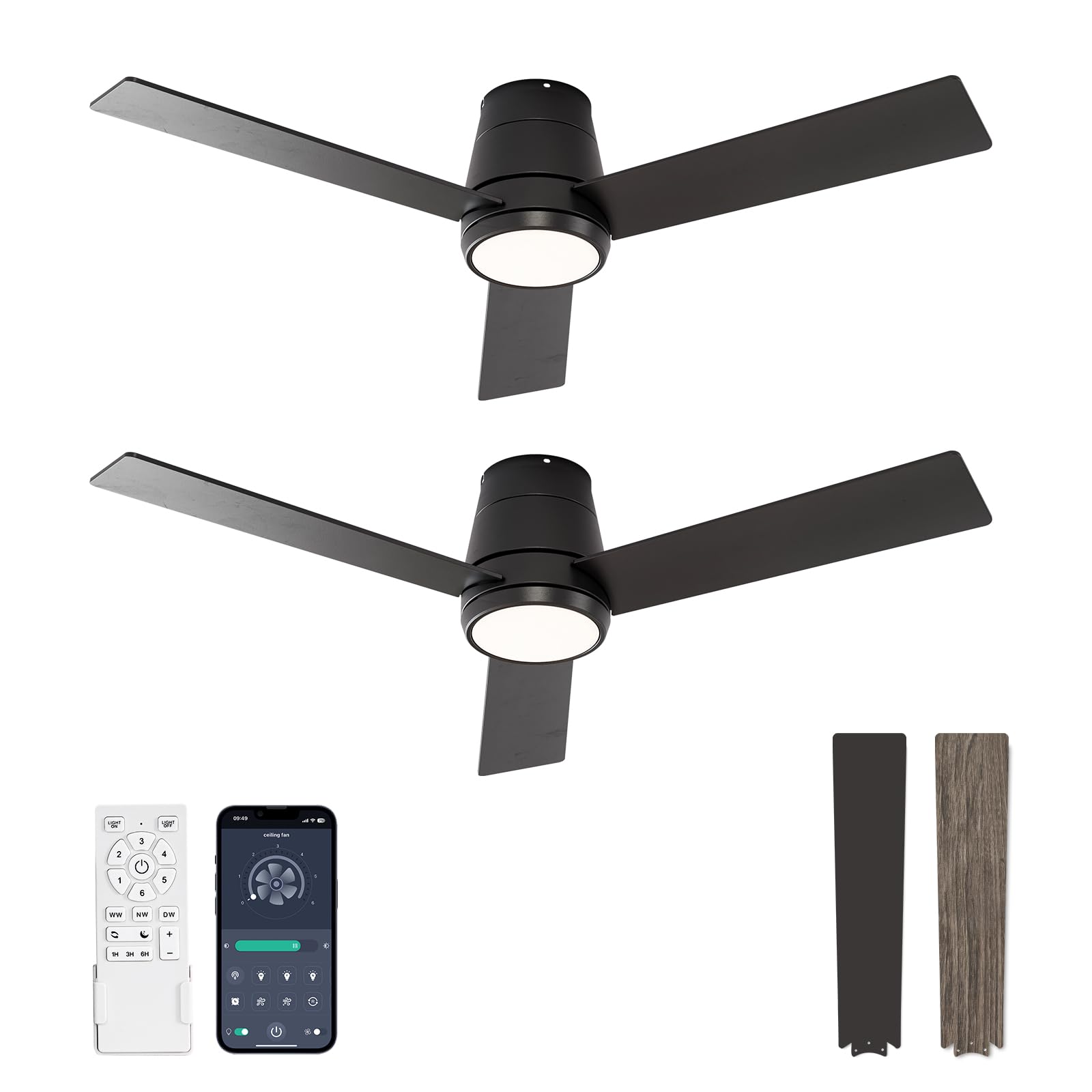 warmiplanet Ceiling Fans with Lights, 42 Inch Low Profile Ceiling Fan with Light and Remote/APP Control(2 Pack),Black,3 Blades