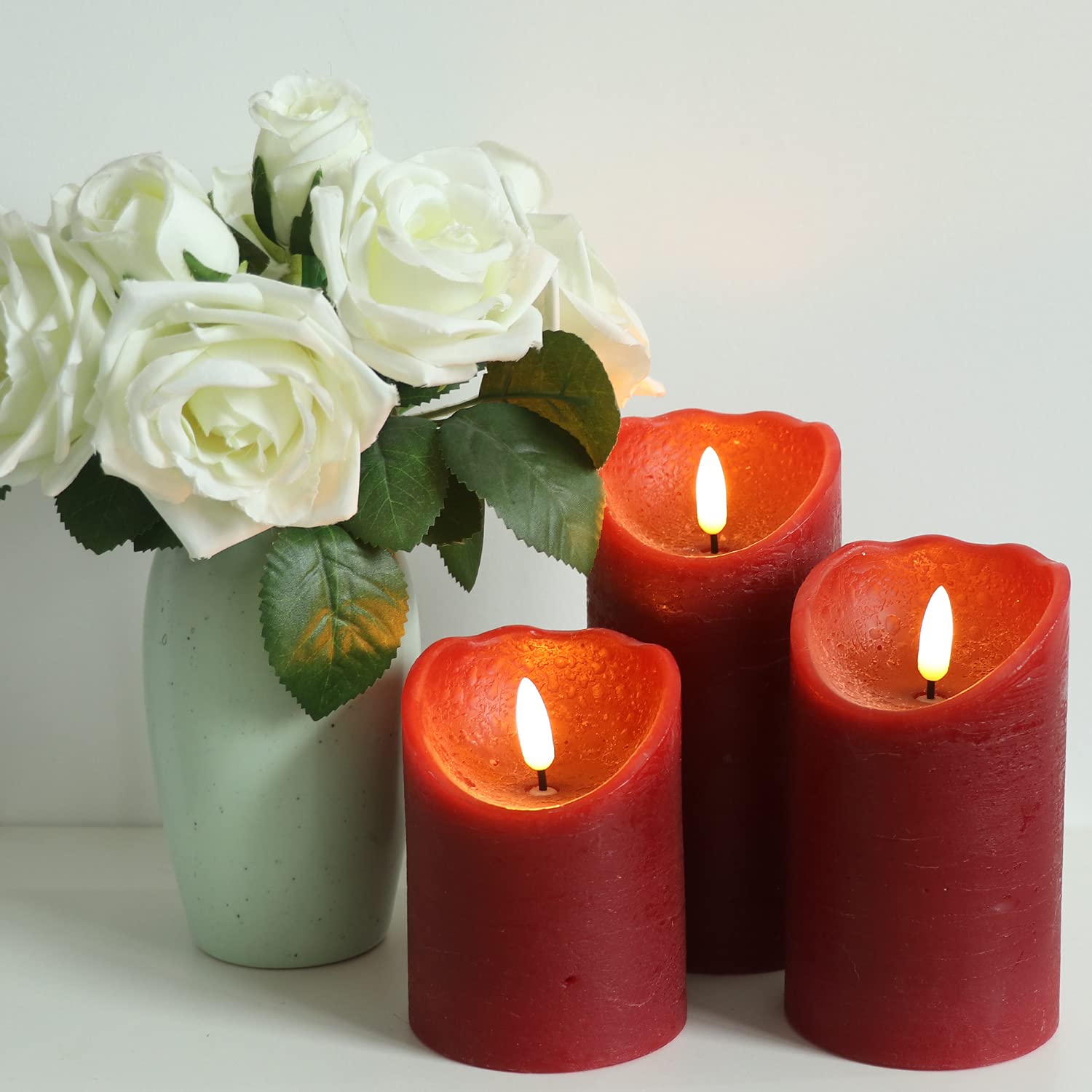 Eldnacele Red Wax Flameless Flickering Candles With 6H Timer, 3D Wick Realistic Battery Operated Pillar Led Candles Set Of 3 For