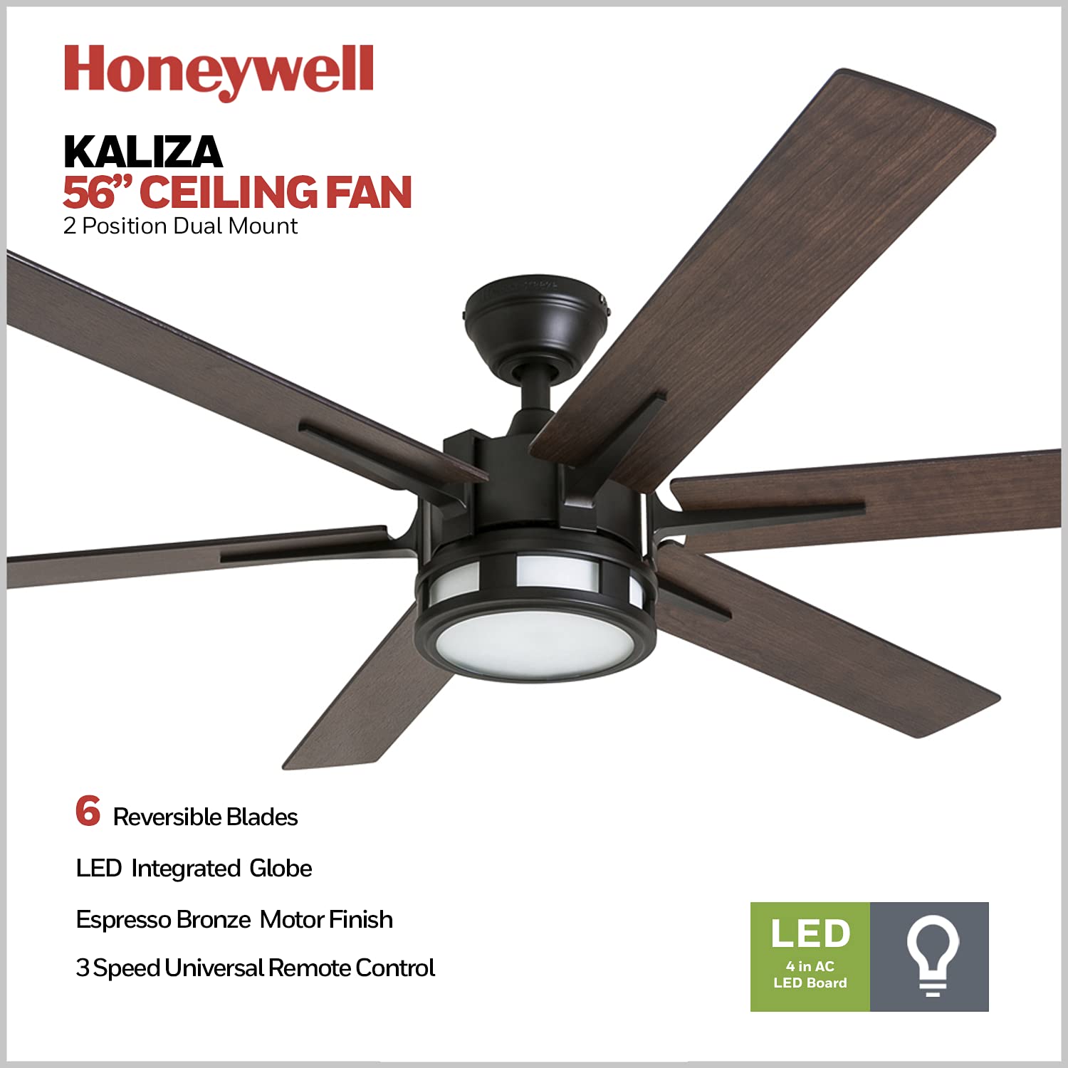 Honeywell Ceiling Fans Kaliza, 56 Inch Indoor Modern Led Ceiling Fan With Light And Remote Control, Dual Mounting Options, 6 Bla