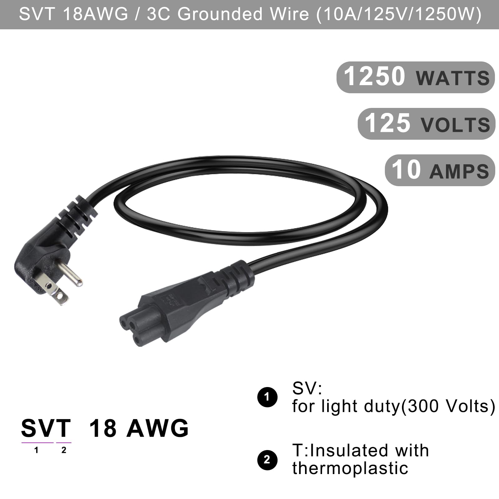 Us Standard Laptop Power Cord   2Ft 18Awg 90 Degree Flat Plug Nema 5 15P To Iec 60320 C5, Universal 3 Prong Ac Power Cable Repla