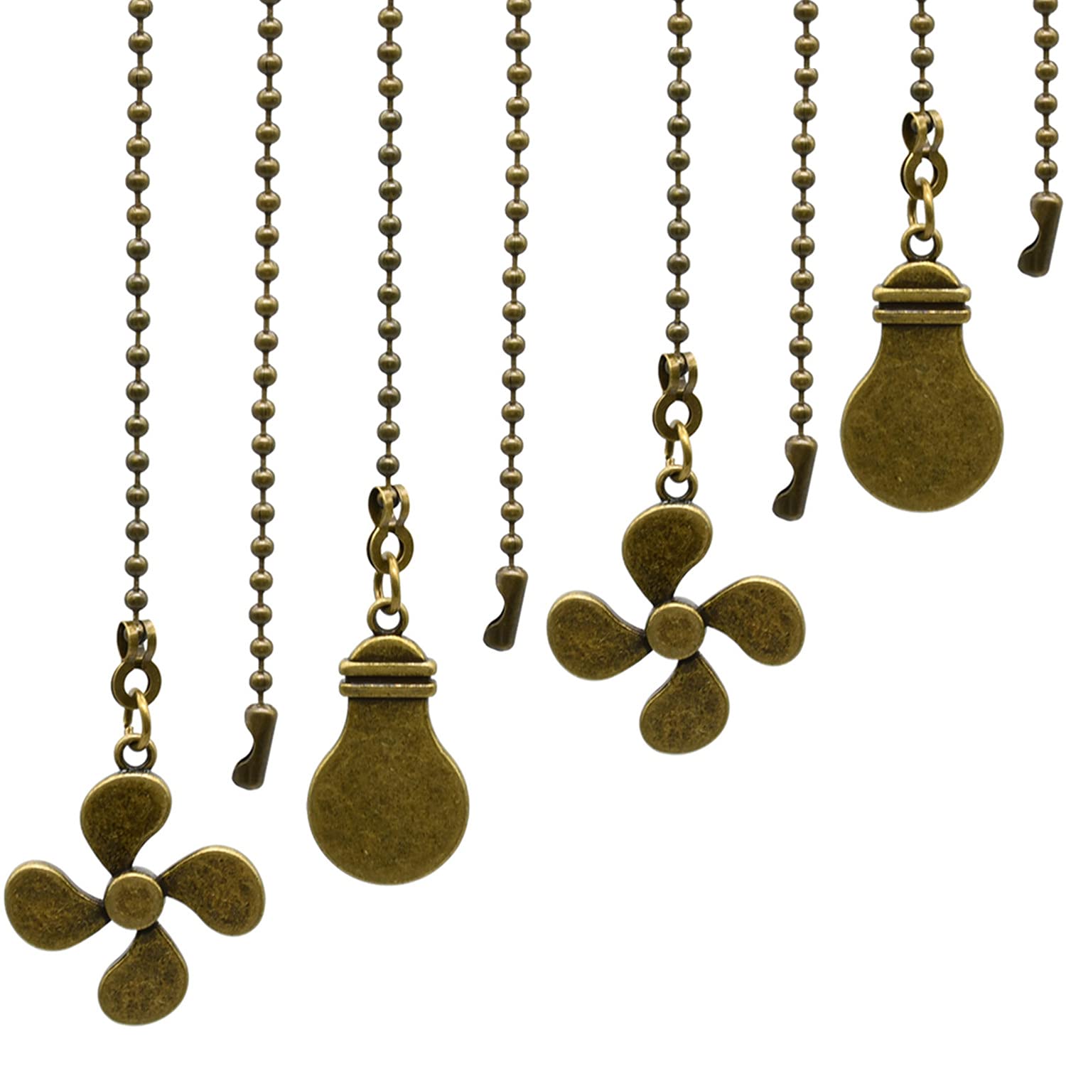 Ceiling Fan Pull Chain Set - 4 Piece Bulb and Fan Pattern Extension Pendant, 12 Inch Extender With Ball Connector (Antique Bronz