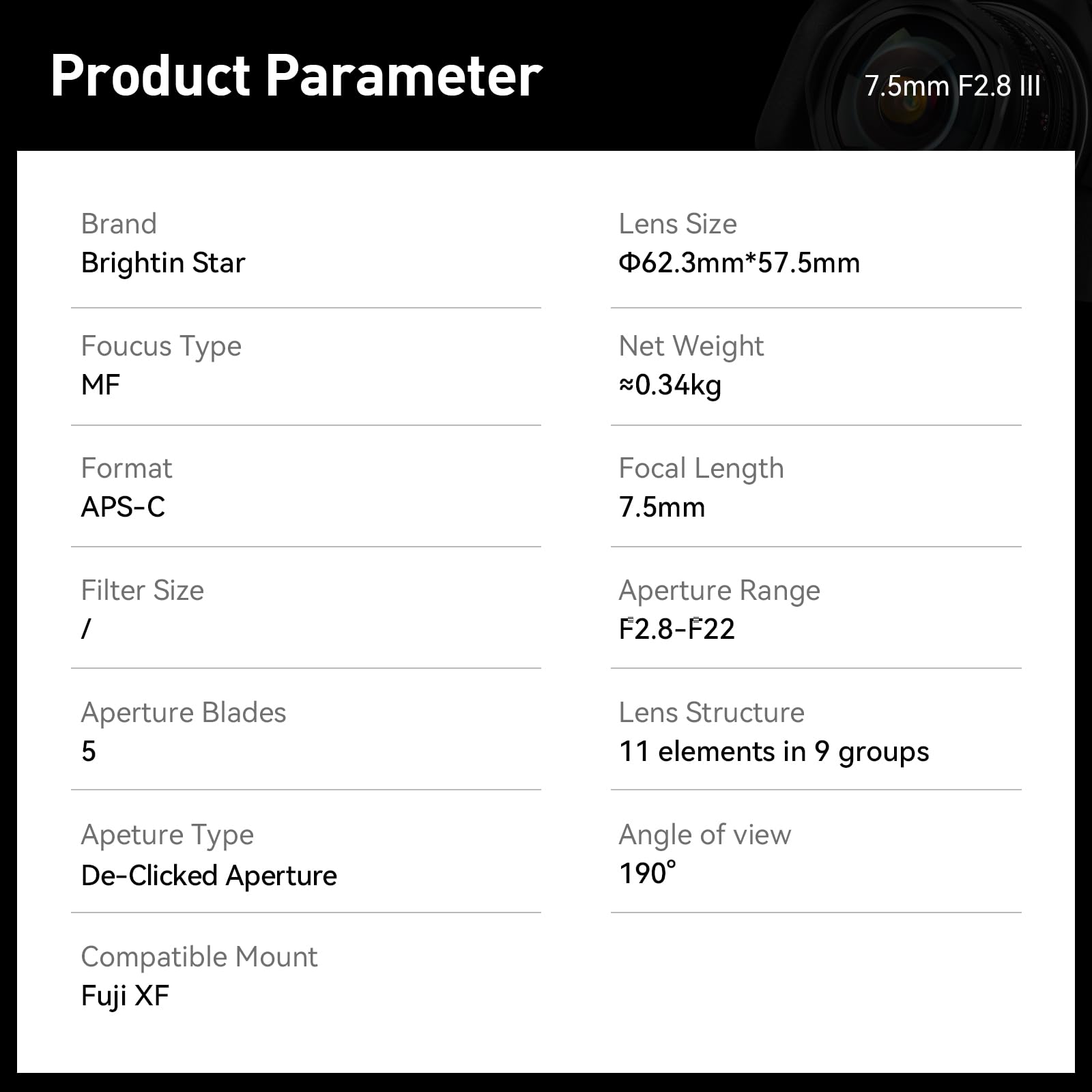 7.5Mm F2.8 Ultra Wide Angle Fisheye Manual Focus Aps C Mirrorless Camera Lens, Fit For Fuji Xf