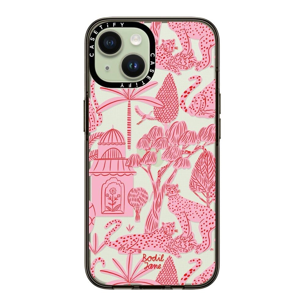 Casetify Compact Case For Iphone 15 [2X Military Grade Drop Tested / 4Ft Drop Protection]   Cheetah Paradise Pink   Clear Black