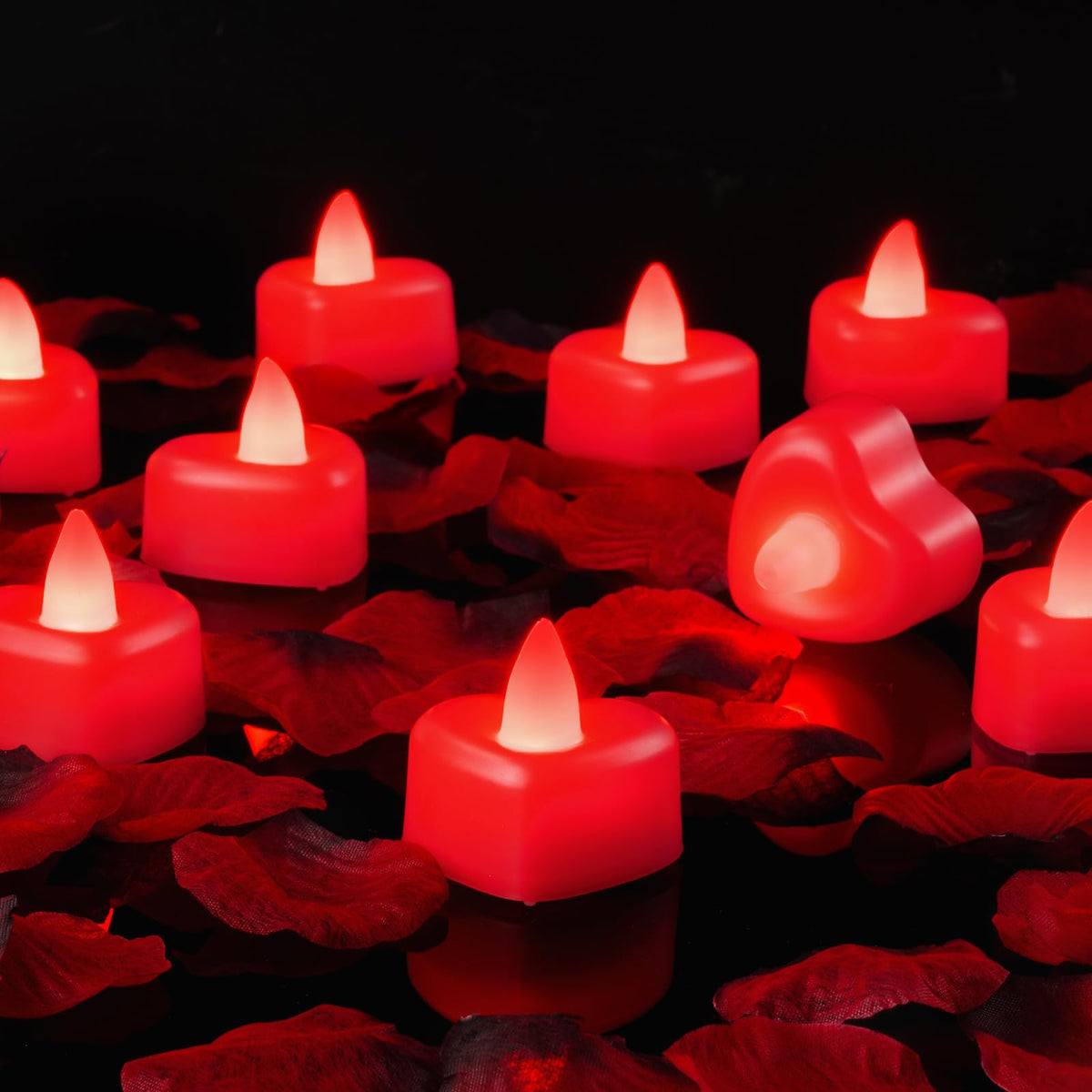 Amagic 1000 Pieces Red Artificial Rose Petals With 12 Red Heart Led Tea Lights, Rose Petals And Candles Set For Proposal, Annive