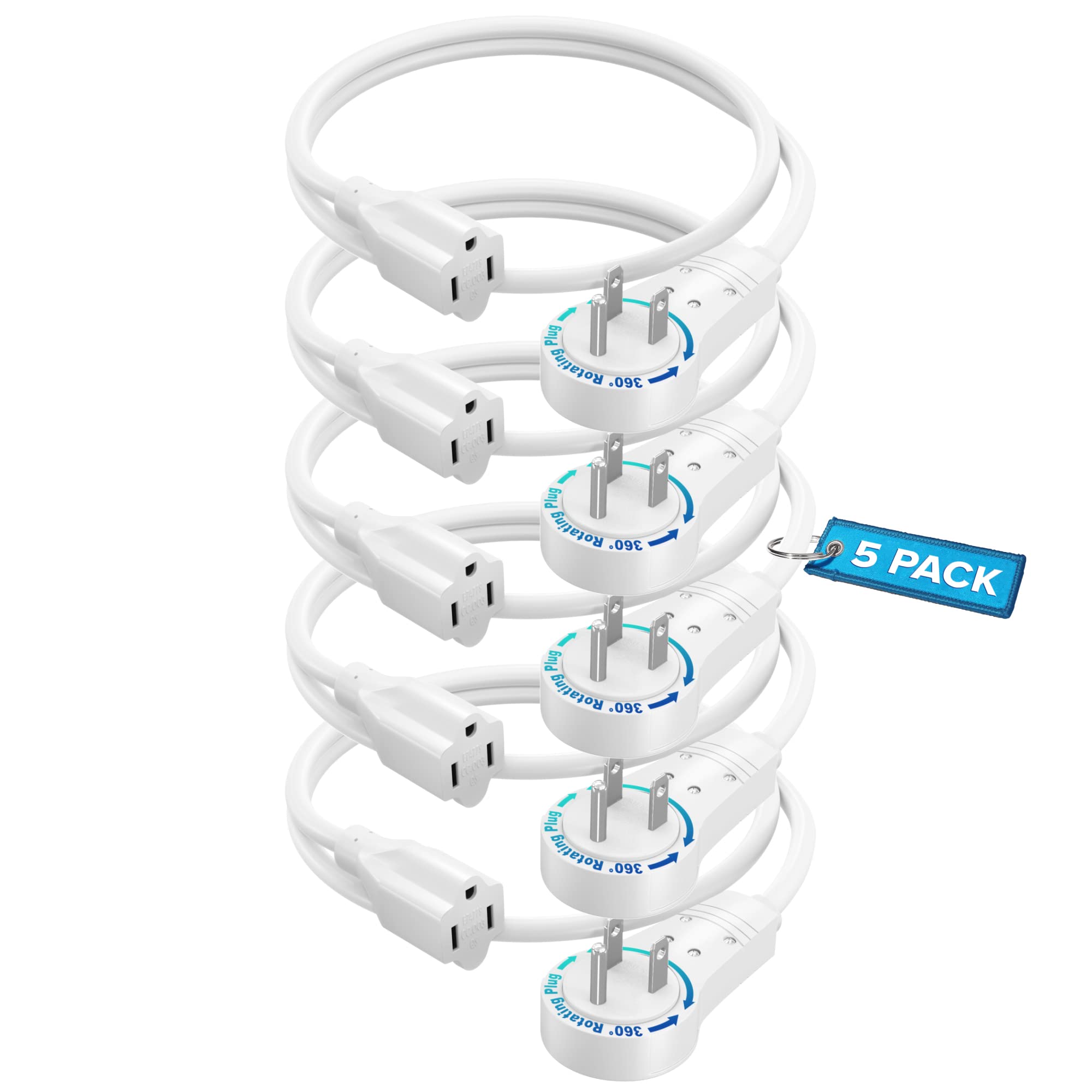 Maximm Extension Cord 1 Foot White Flat Plug, 360 Rotating Short Power Cord Single Outlet, Indoor 16 Gauge 3 Prong Grounded Wire