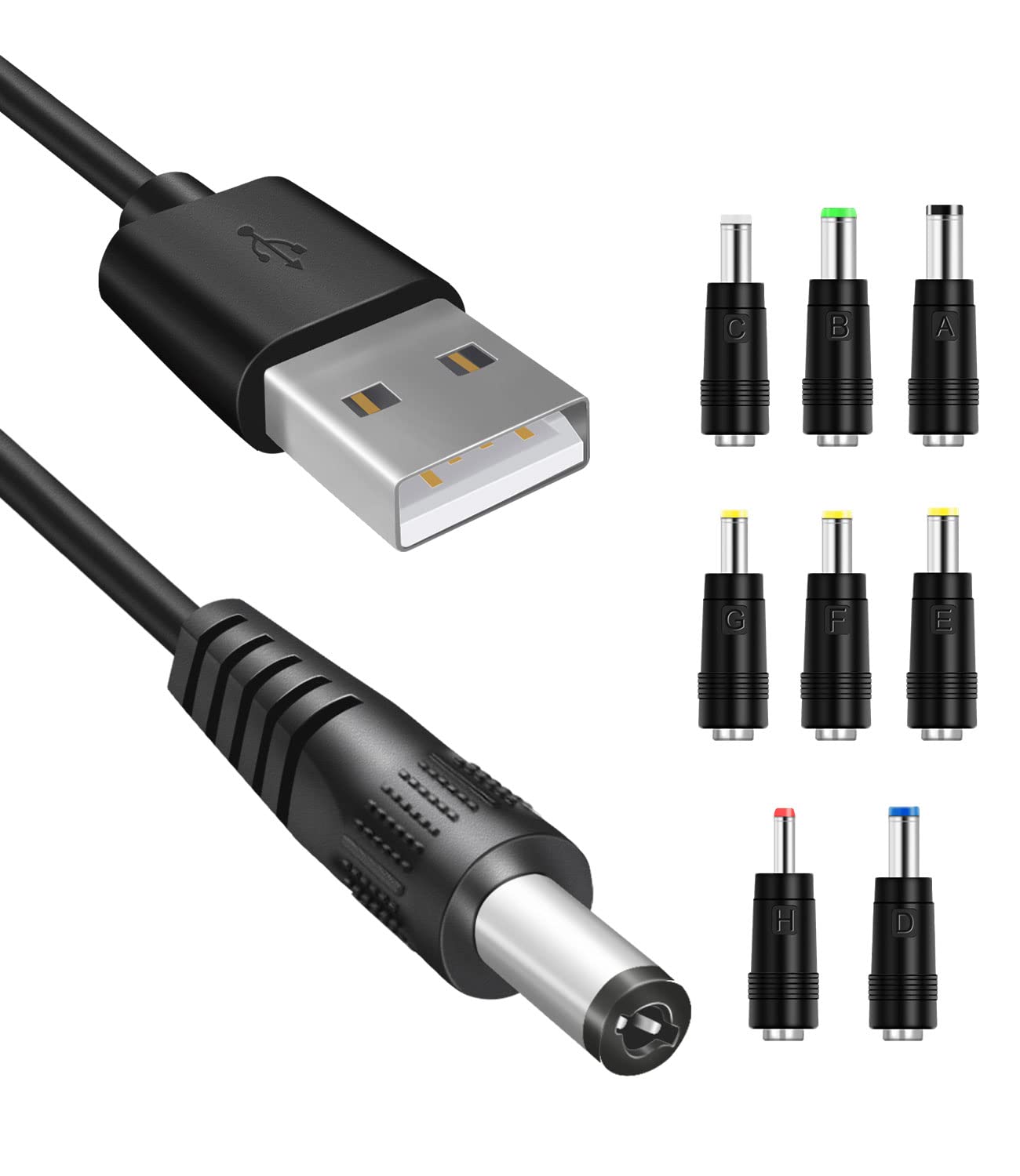 5V Dc Power Cable, Usb To Dc 5.5X2.1Mm Plug Charging Cord With 8 Connectors Adapters Fit For Speaker, Router, Led Light, Moon La