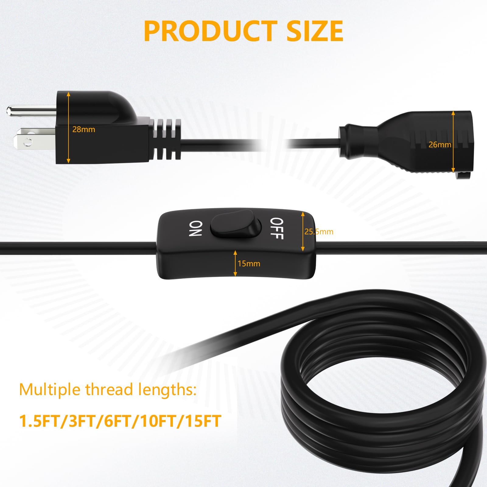 Starelo Extension Cord With Switch 3 Prong Indoor Black Extension Cord,1625W 18Awg Extension Cord,Control Switch On/Off 13A 125V