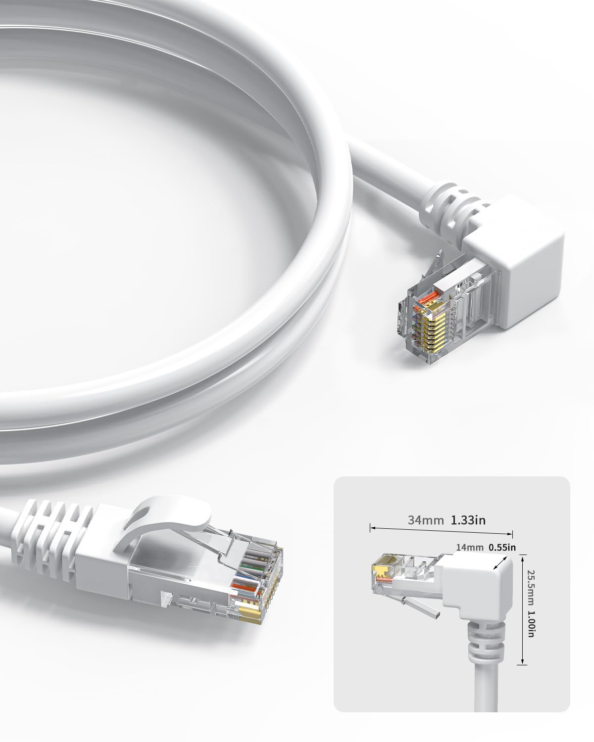 Juxinice 2Pack 90 Degree Cat6 Ethernet Cable White 10Ft Up Angle, Cat 6 Right Angle Ethernet Patch Cable Gigabit Rj45 Network Cable,Bandwidth Up To 250Mhz 1Gbps