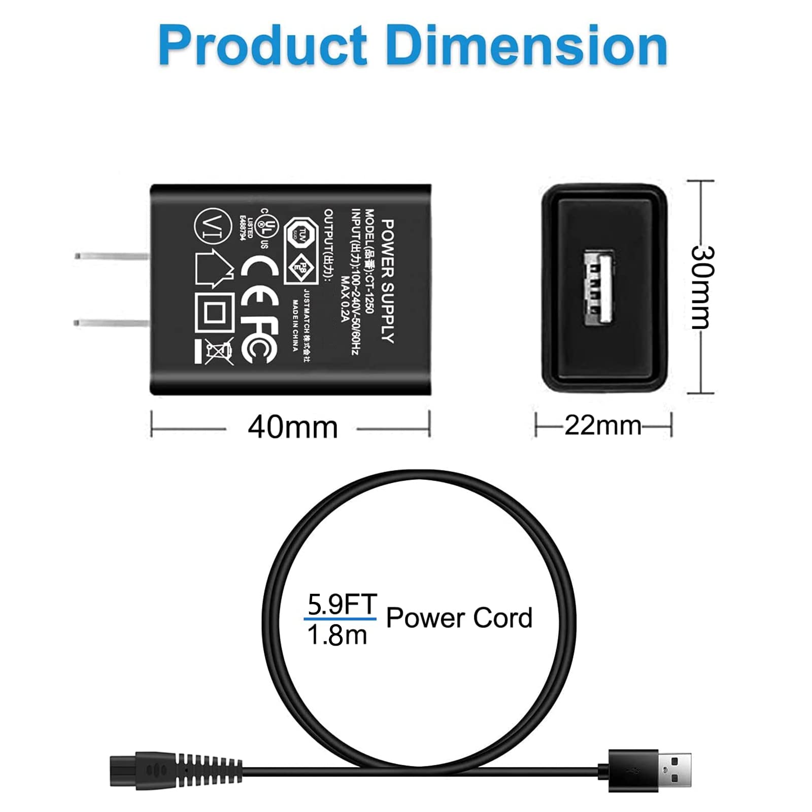 vhbw Power Cord For Skull Shaver Charger - Thumbnail 2