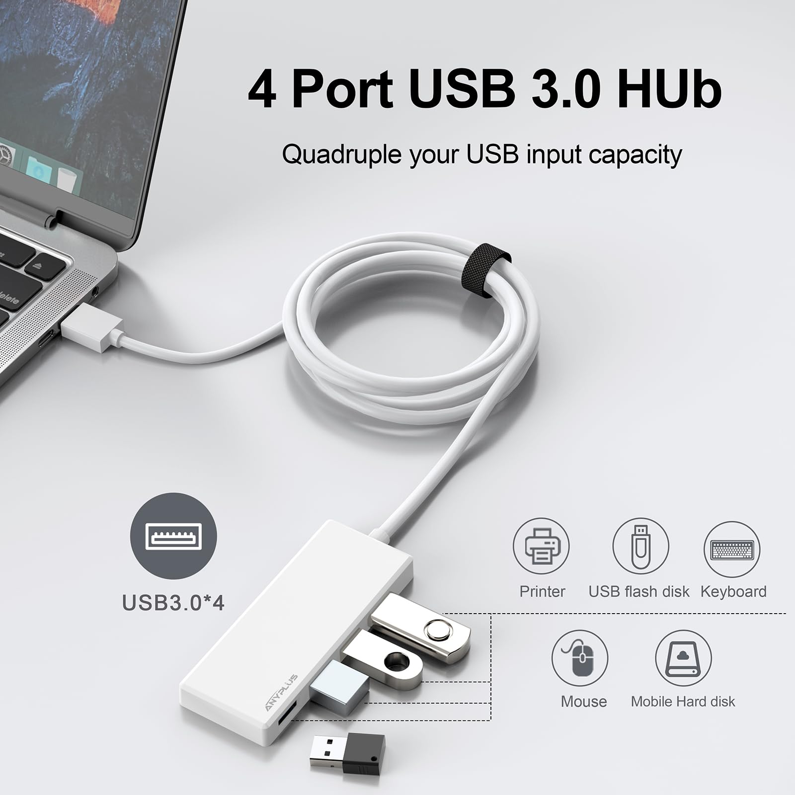 Anyplus Usb Hub, Multiport Usb Splitter Adapter, 2 Ft Long Cable Usb 3.0 Hub, Usb Extender For Laptop, Pc, Imac, Surface Pro, Ma