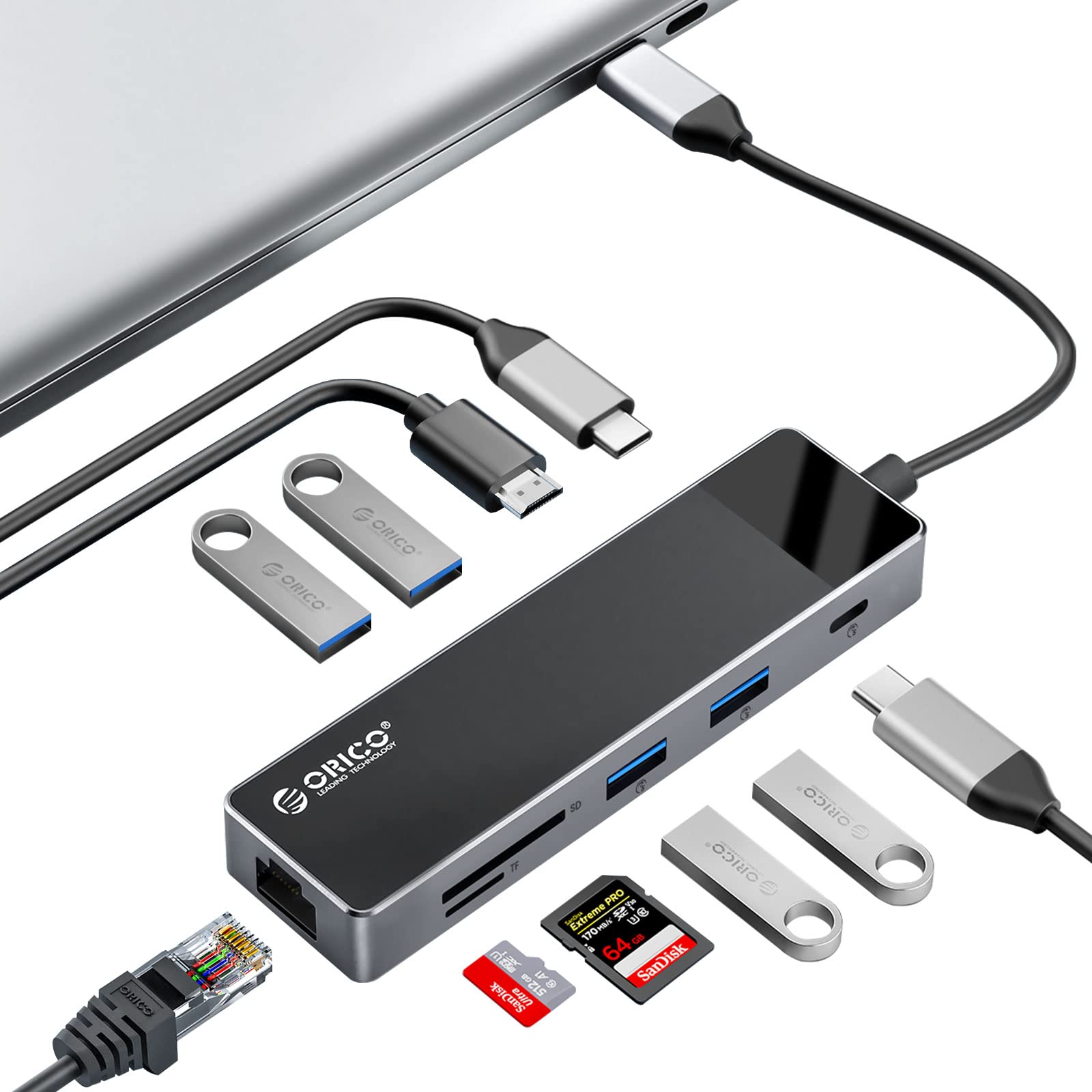 USB C Hub to Multiport Adapter, ORICO USB C Docking Station 10 in 1 USB Hub with Ethernet, PD 100W,HDMI 4K@30Hz,USB A3.0�2,USB C3.0,USB A2.0�2,SD/TF, Compatible for Dell/Surface/HP/Lenovo Laptops