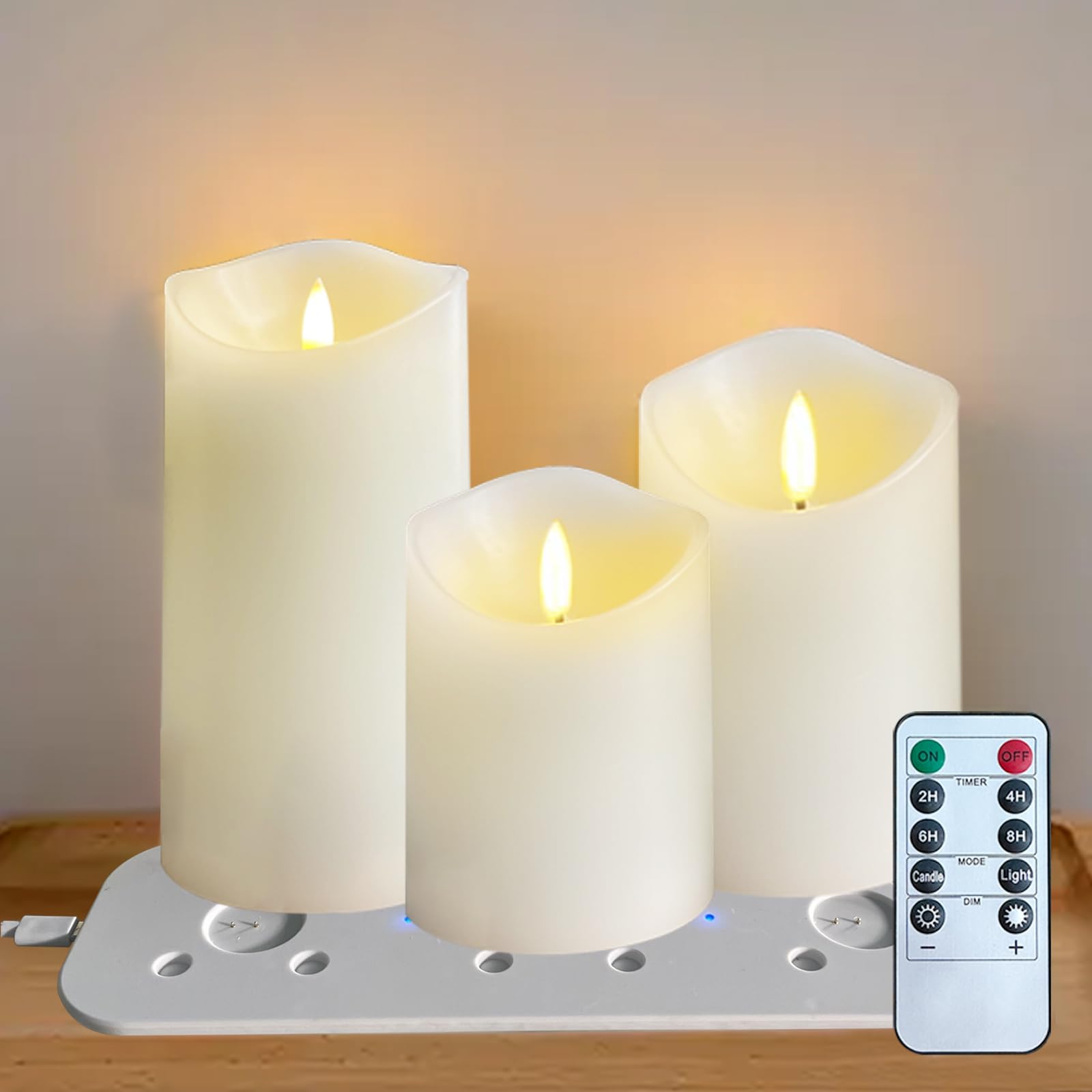 LEDHOLYT Rechargeable Flameless Candle, Flashing LED Pillar Real Wax Candle with Remote Control and Timer,Decorative Electronic 
