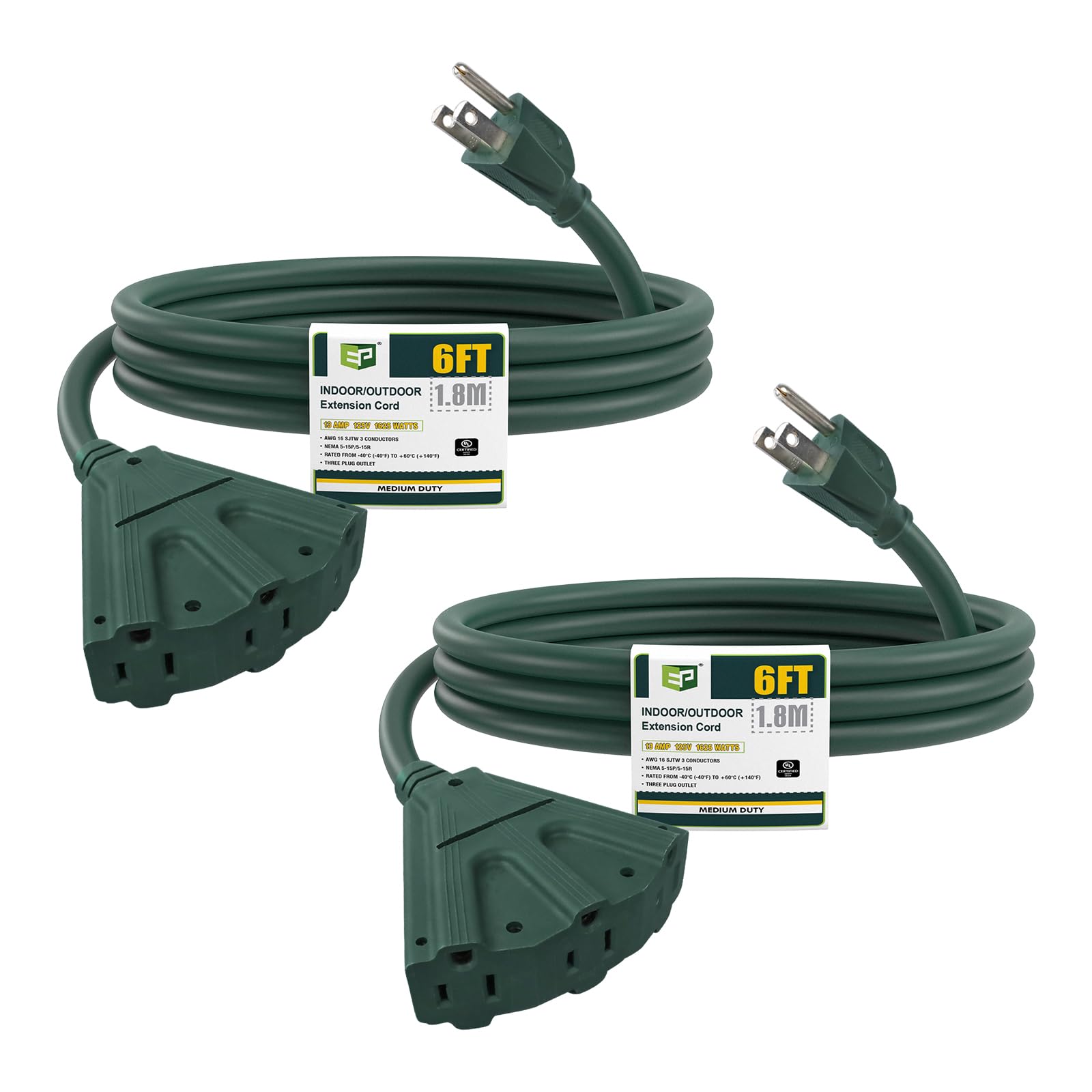 Ep 2 Pack 6 Ft Outdoor Extension Cord With 3 Electrical Power Outlets   16/3 Sjtw Green Cable With 3 Prong Grounded Plug For Saf