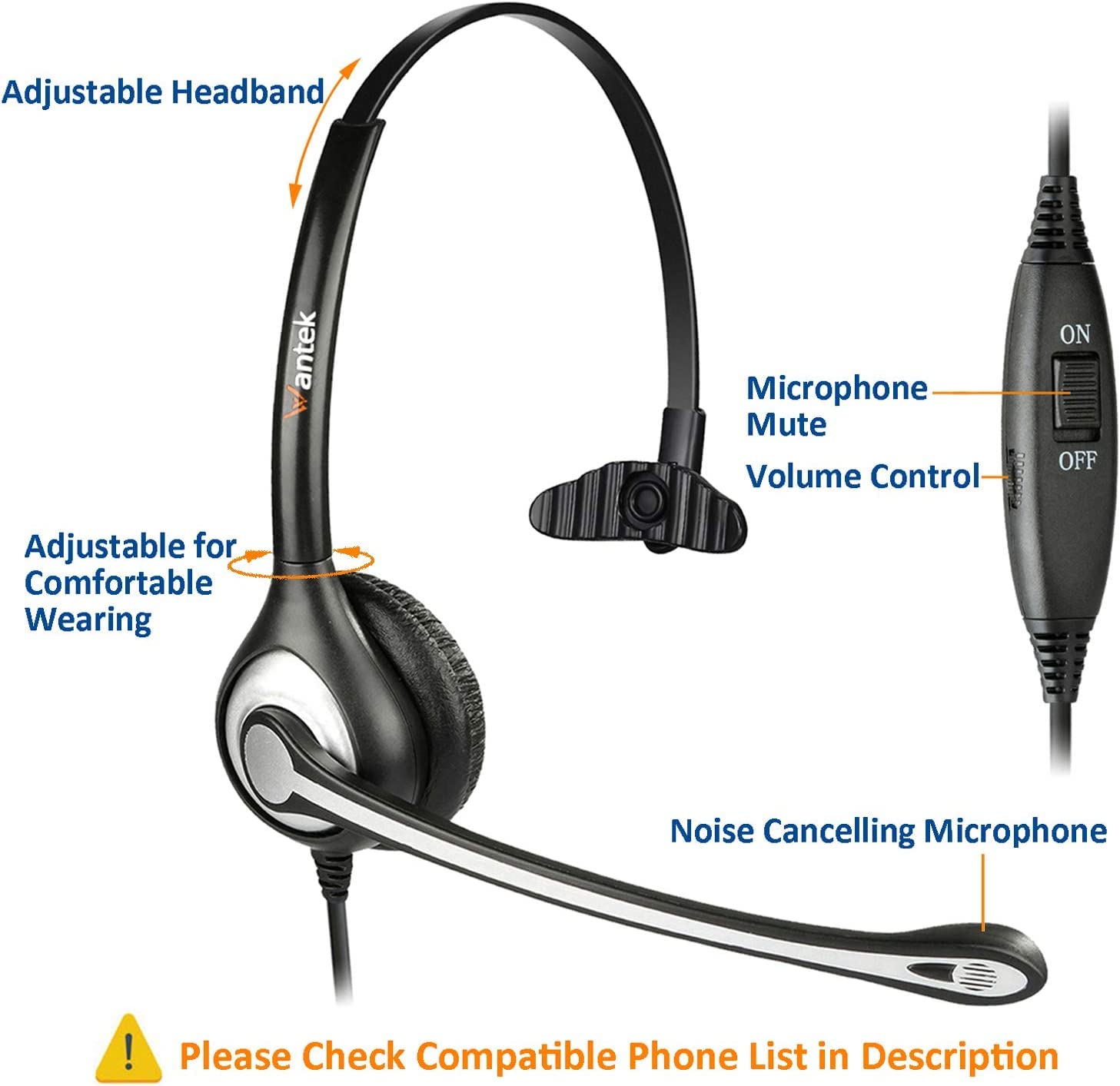 Wantek Telephone Headset Corded Rj9 Headphone With Mic & Noise Cancelling Phone Headsets Compatible With Plantronics Polycom Vvx