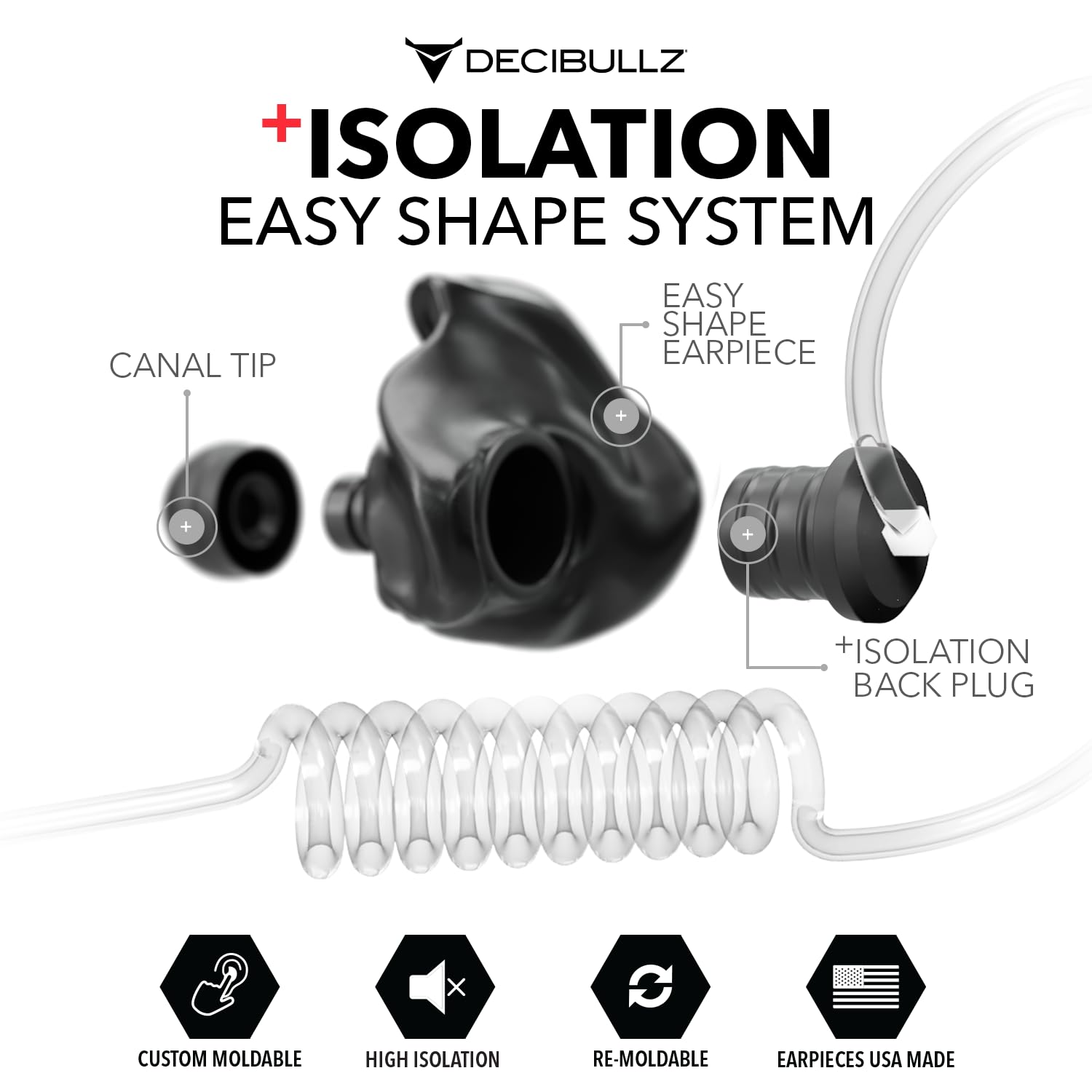 Decibullz Custom Molded Security Radio Surveillance Earpiece Set, Thermo-Fit Designed For Clear Acoustic Tube Radios, Isolation