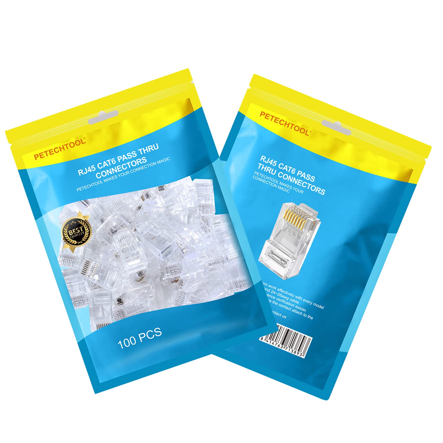 Petechtool Rj45 Cat6 Cat5 Connectors Ends Gold Plated 8P8C Ethernet Pass Through Plug (100Pack)