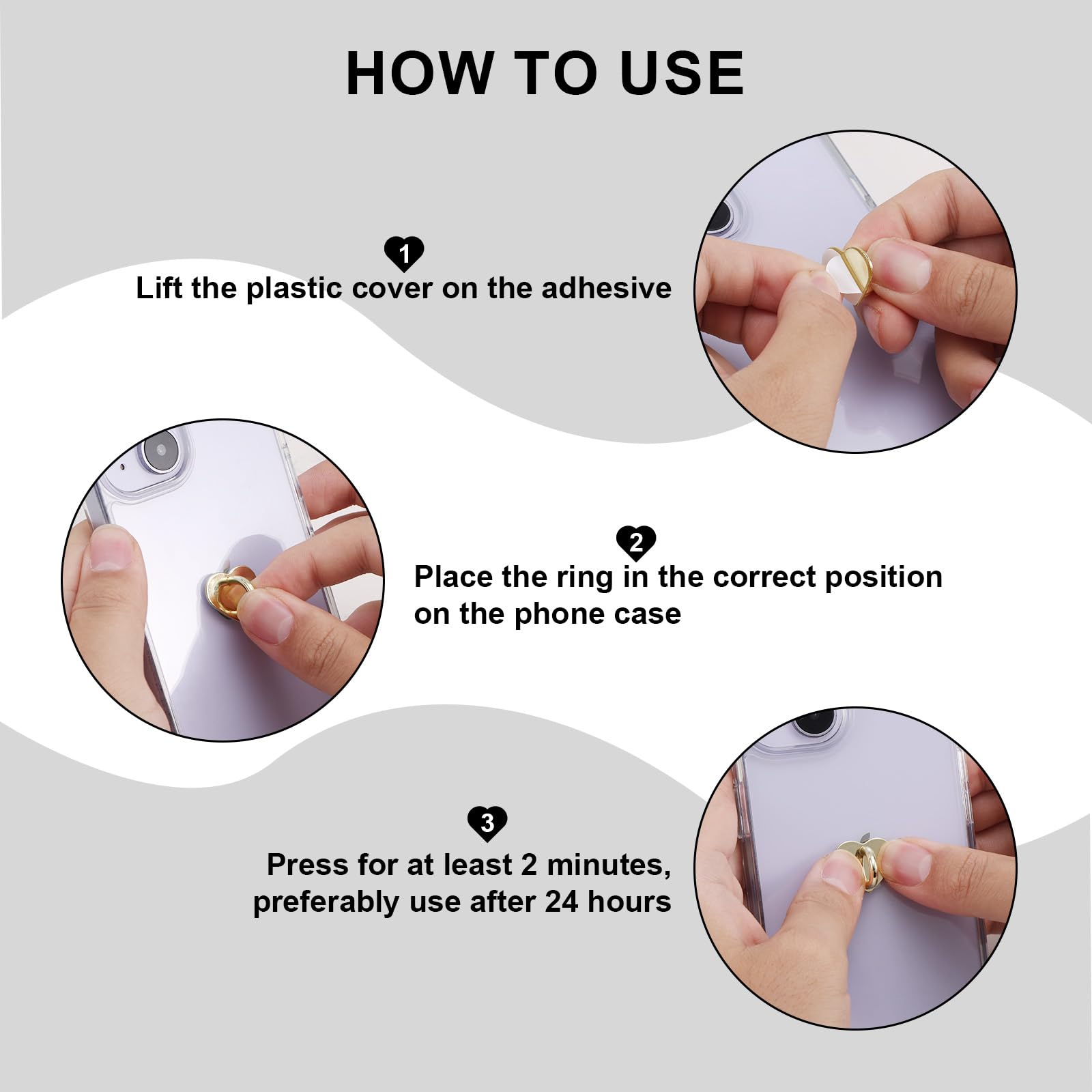 Gosknor 8Pcs Heart Cell Phone Ring Holder, Cute Phone Charm Hooks Adhesive Smartphone Finger Ring Grip Sticky Metal Loop Stand F