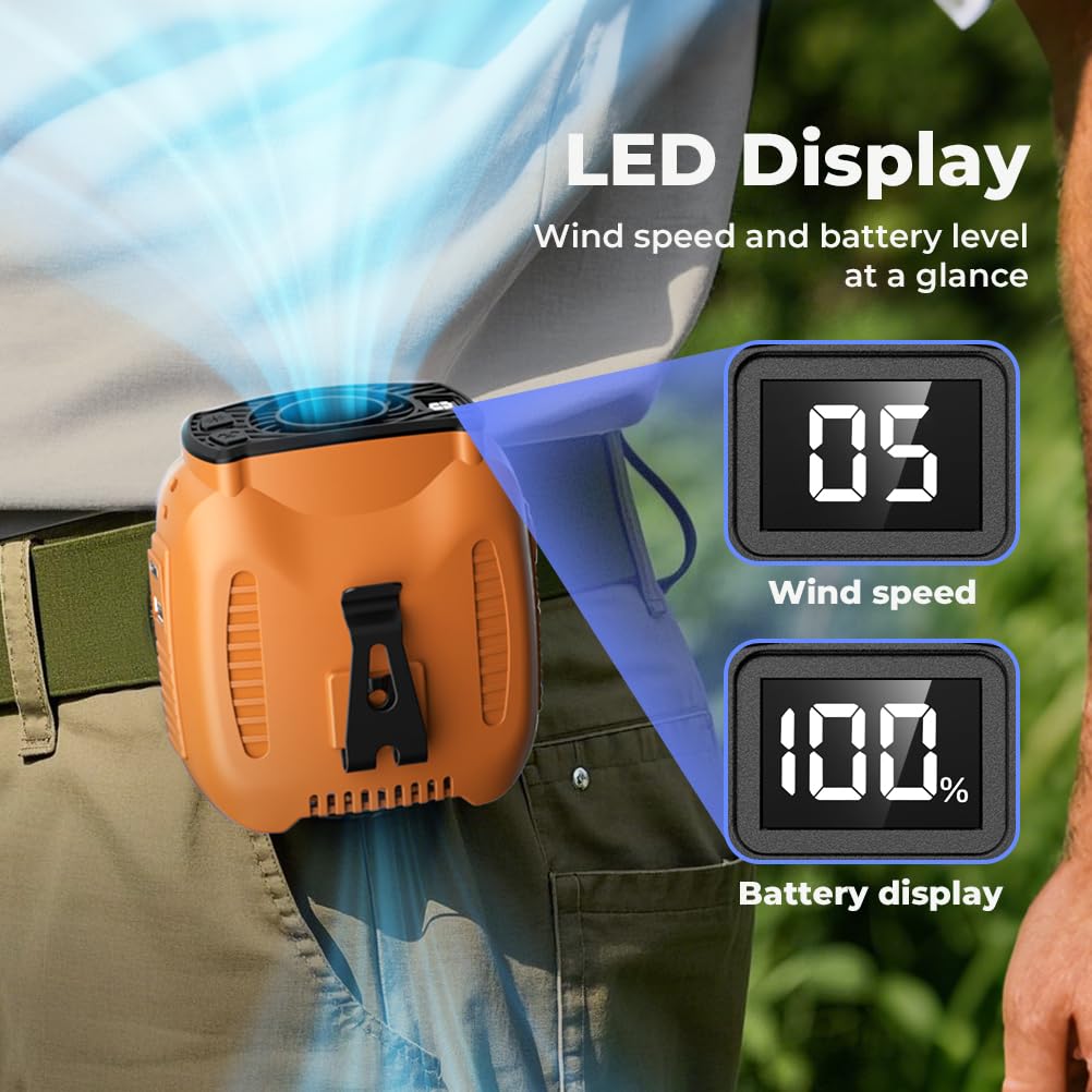 16000Mah Portable Waist Fan Rechargeable, 5-Speeds 16000Rpm Strong Airflow, 48-Hour Runtime, Led Display, Flashlight, Neck Fan,