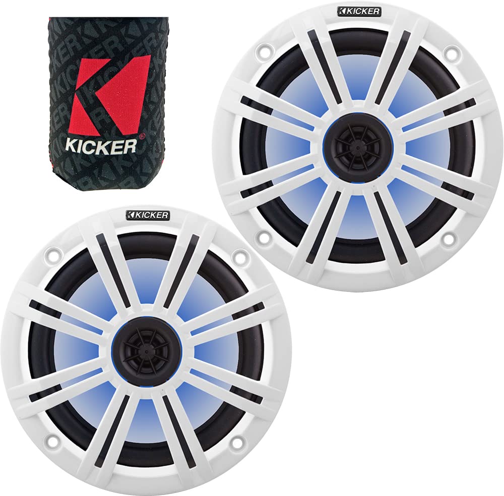 KICKER 8  Marine Speakers (1 Pair) OEM Replacement Coaxial Speakers for Boat with White Grille and LED Lights 4-ohm. Water and W