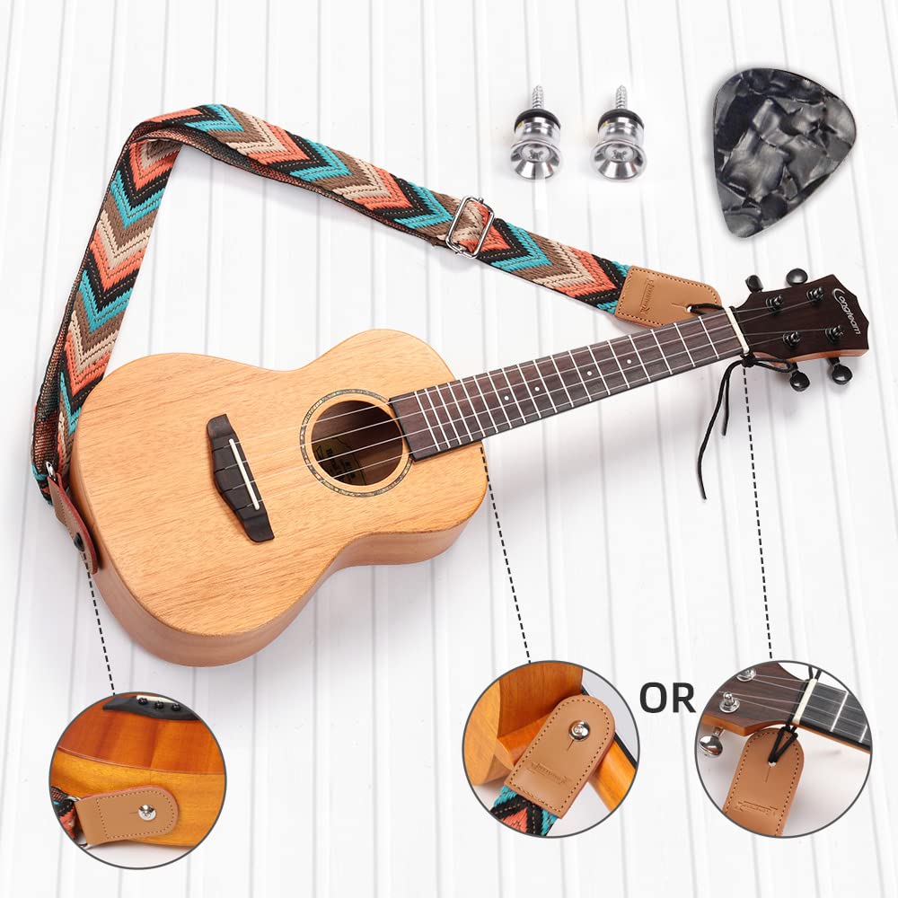 Longteam Simple Linen Leather Ukulele Strap Adjustable Length Durable Uke Straps With Nail, Rope, Picks (Cyan)