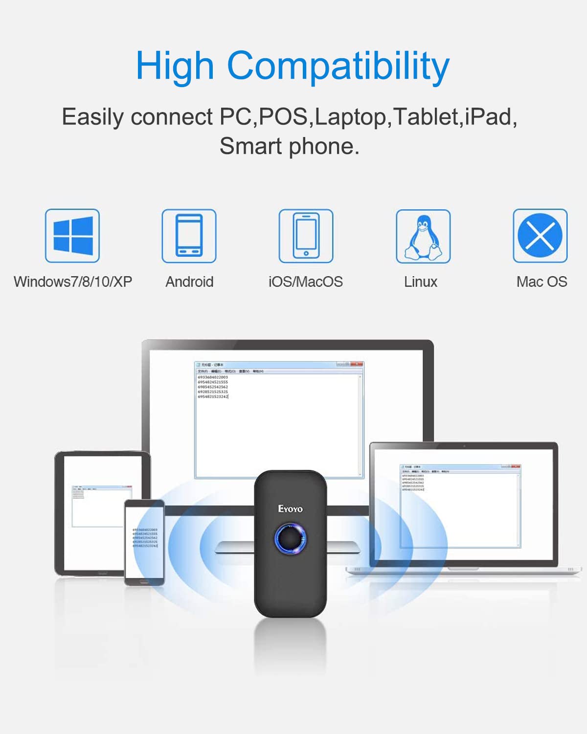 Eyoyo Mini 1D Bluetooth Barcode Scanner With Case, 3 In 1 Bluetooth & Usb Wired & 2.4G Wireless Barcode Reader Portable Bar Code