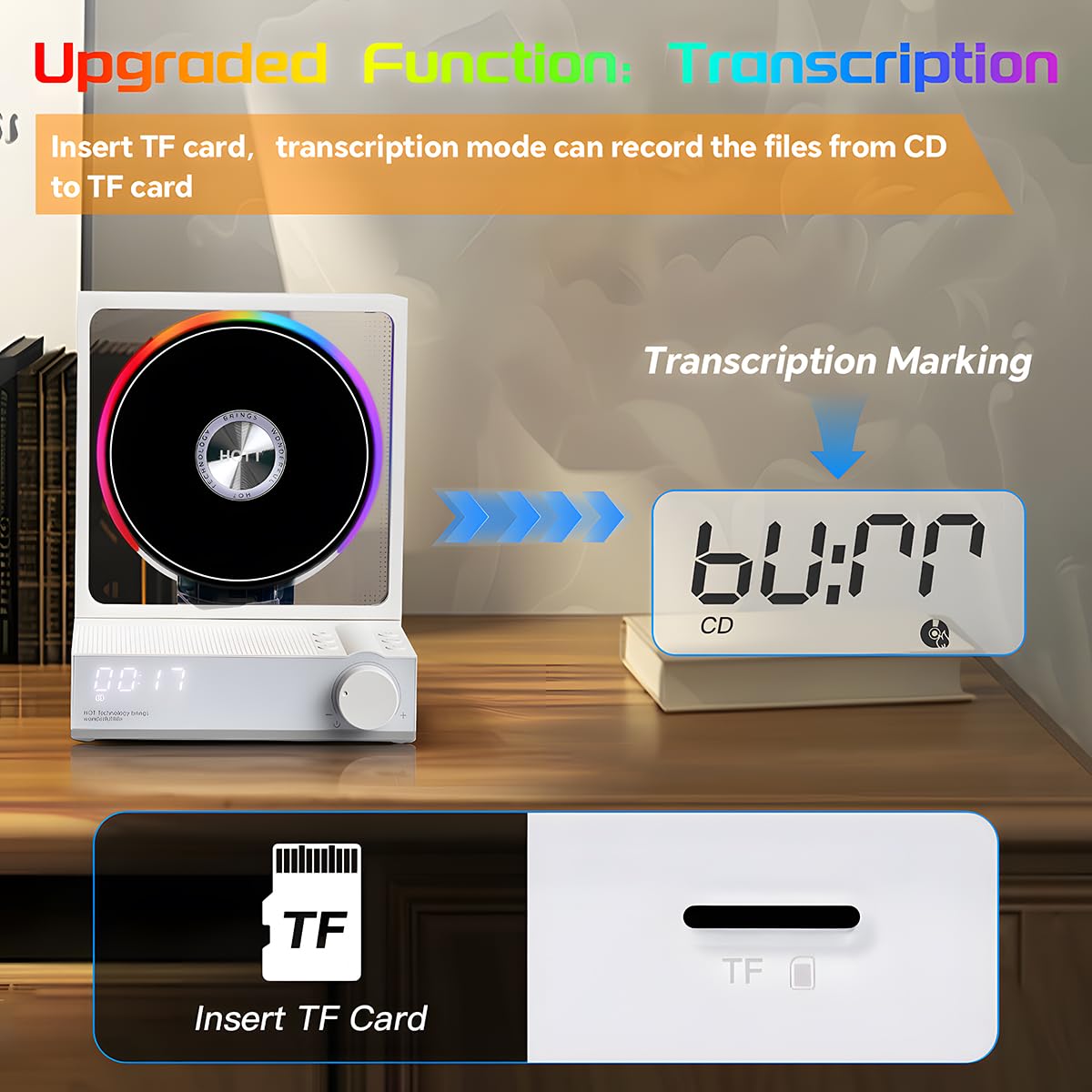 MANAYO Portable CD Player Bluetooth 5.3 with Speakers RGB Light Timer Optical Output White